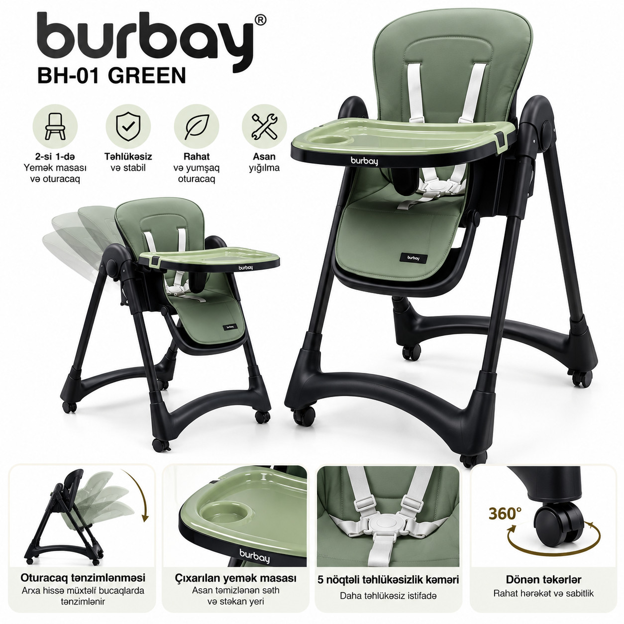 Uşaq yedizdirmə oturacağı Burbay BH-01, 0+ yaş, plastik/metal, yaşıl