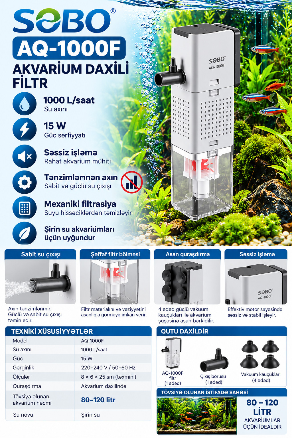 Akvarium filtri Sobo AQ-1000F, 10-120 L, 1000 L/saat