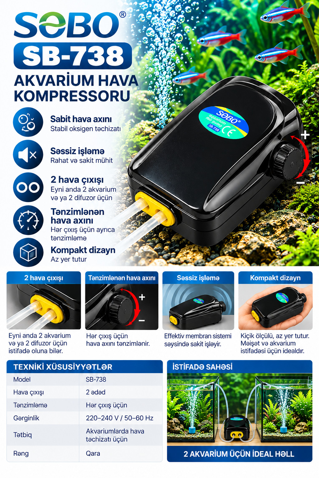 Hava kompressoru Sobo, SB-738, Membran, 200 L, 400 L/saat, 3.5 Vt