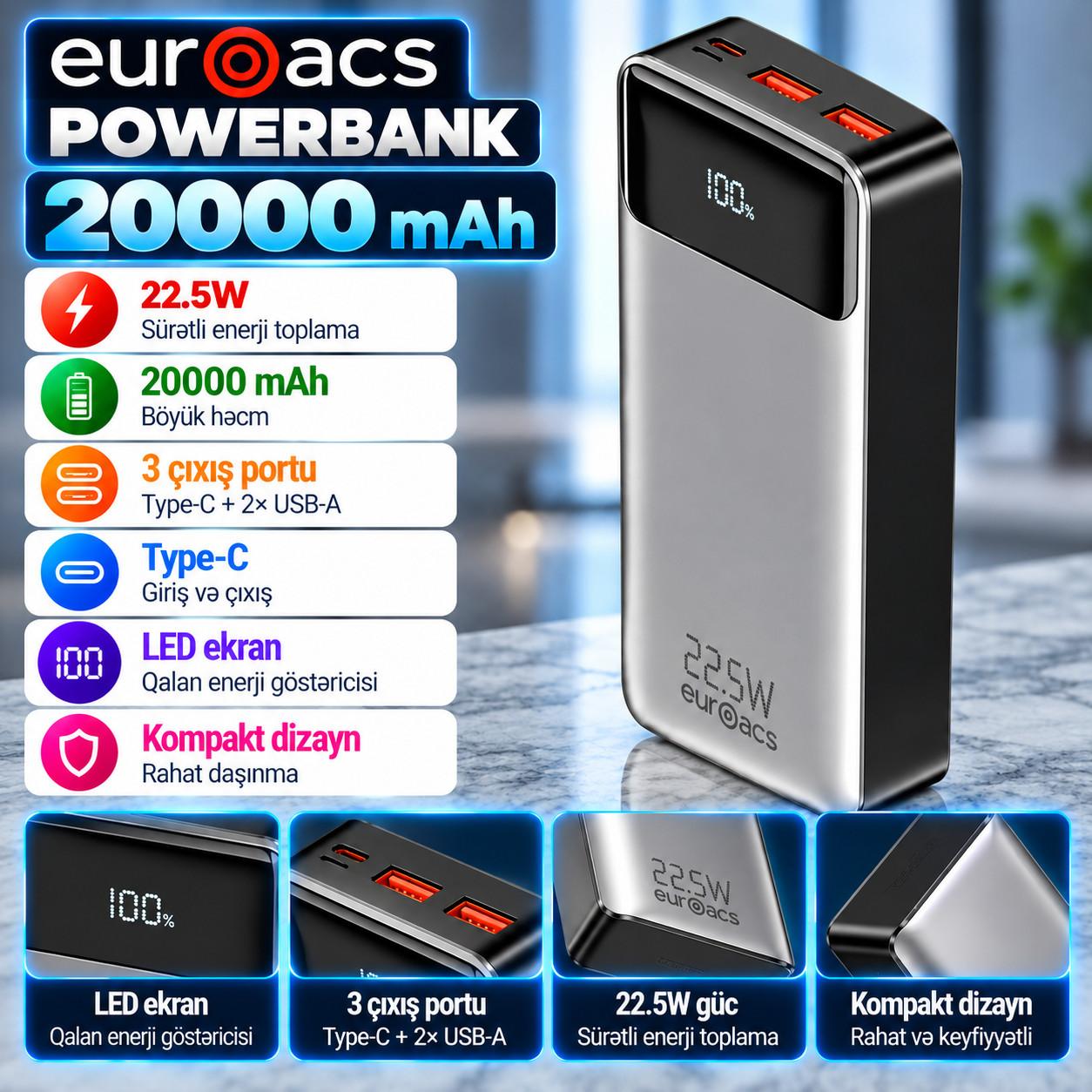 Xarici akkumulyator Euroacs EU-PB12, 20000 mAh, 22.5 Vt, Boz, Type-C