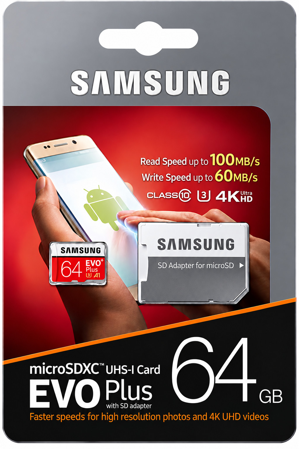 Yaddaş kartı Samsung EVO Plus, microSDXC, 64 GB, 100 Mb/san, 60 Mb/san