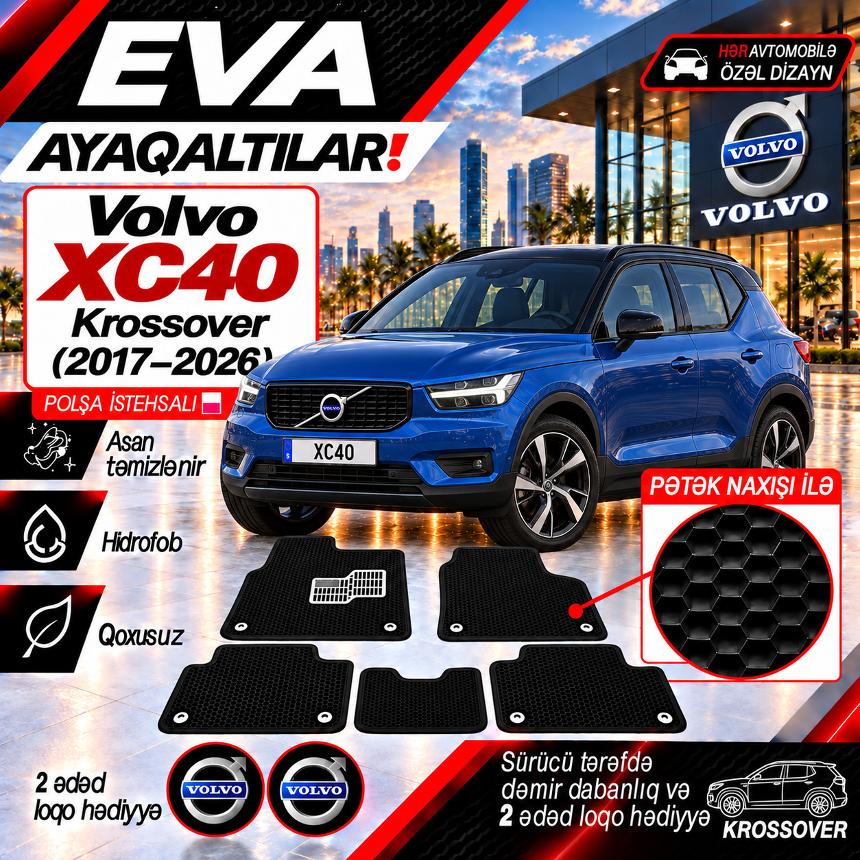 Avtomobil salonu üçün ayaqaltı dəsti Volvo XC40 2017-2026 üçün, 5 əd, qara
