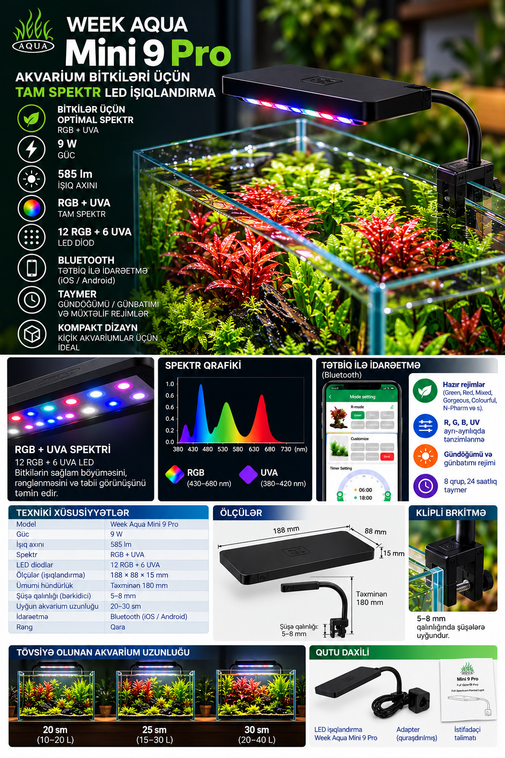 Bitki işığı Week Aqua Mini 9 Pro, akvarium/terrarium, 18 sm