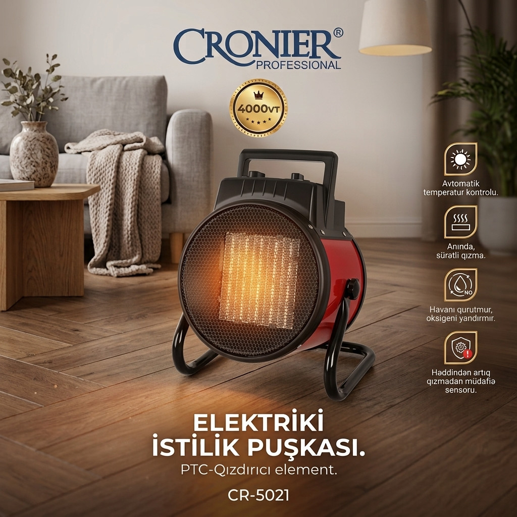 Qızdırıcı ventilyator Cronier CR-5021, 4000 Vt, 40 m², Qara, Qırmızı, Termostat
