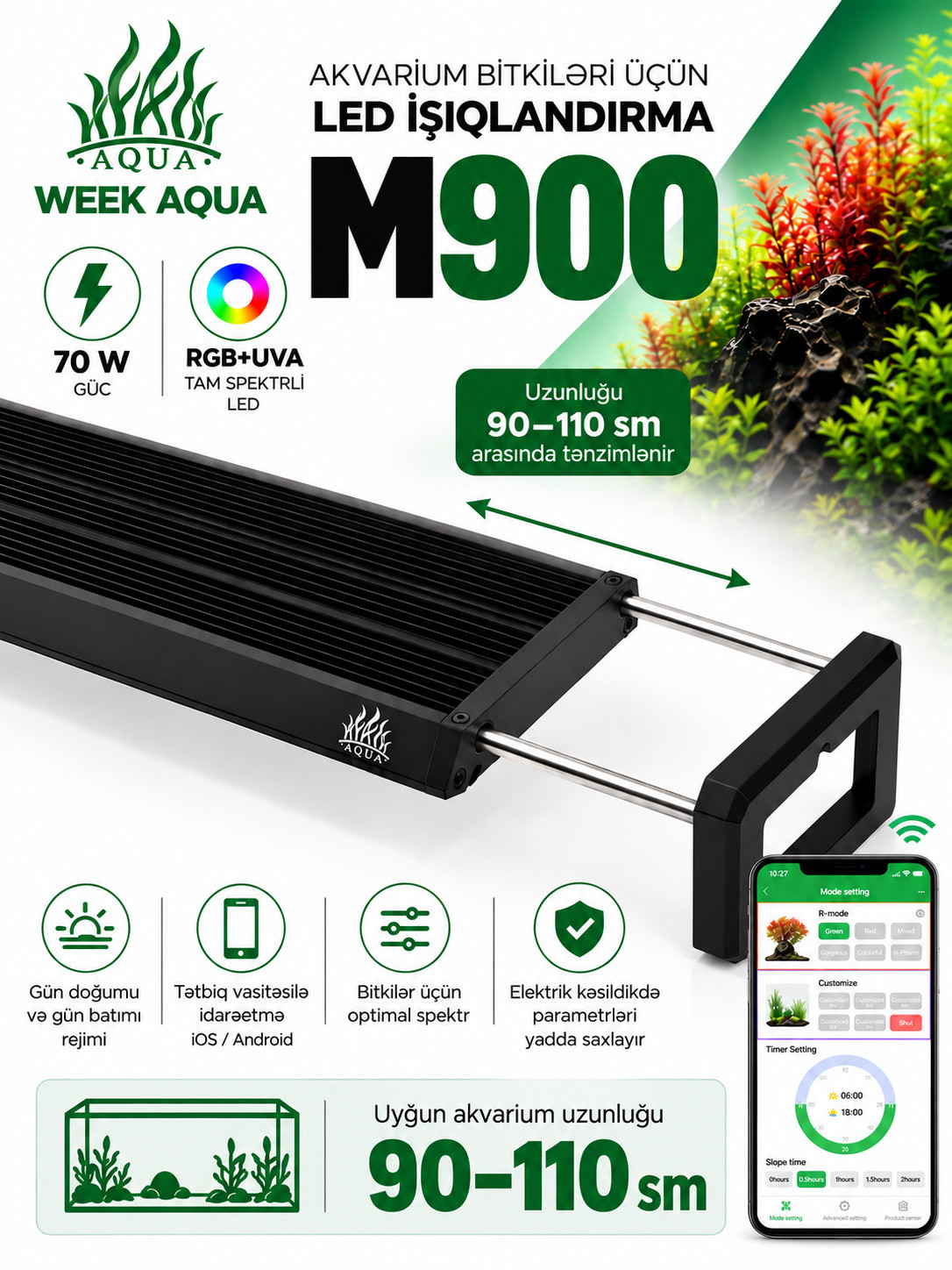 Akvarium bitkiləri üçün LED işıqlandırma Week Aqua, M900, 70W, 90-110 sm