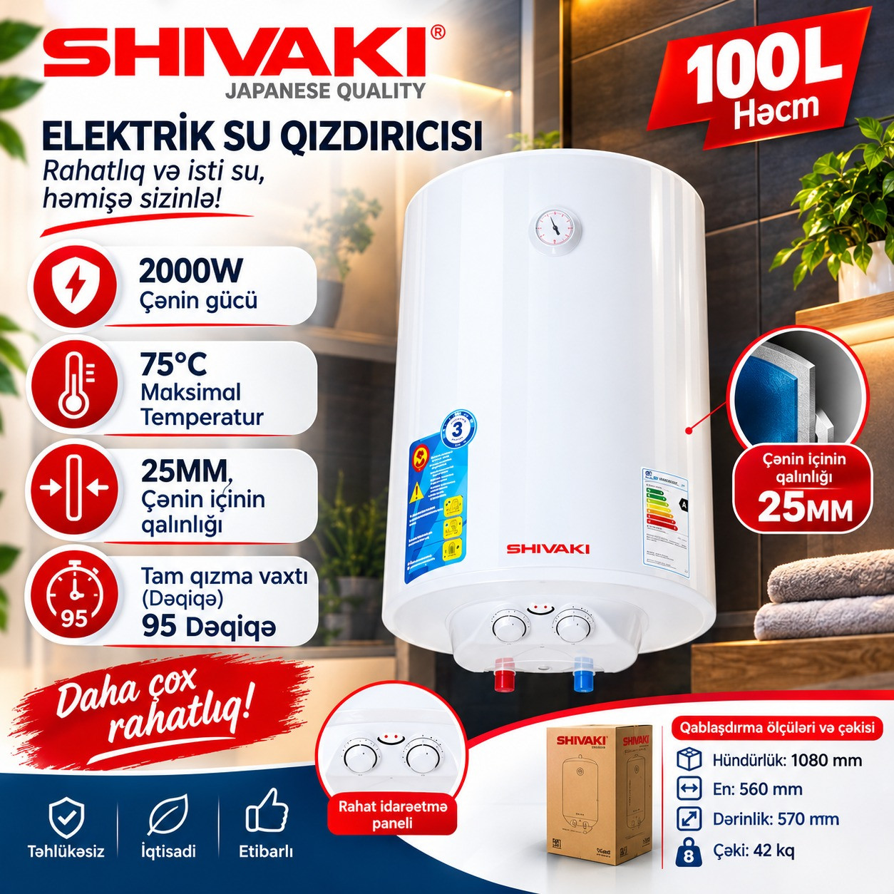 Yığıcı su qızdırıcısı Shivaki 100 l 2 kW 1 l/dəq