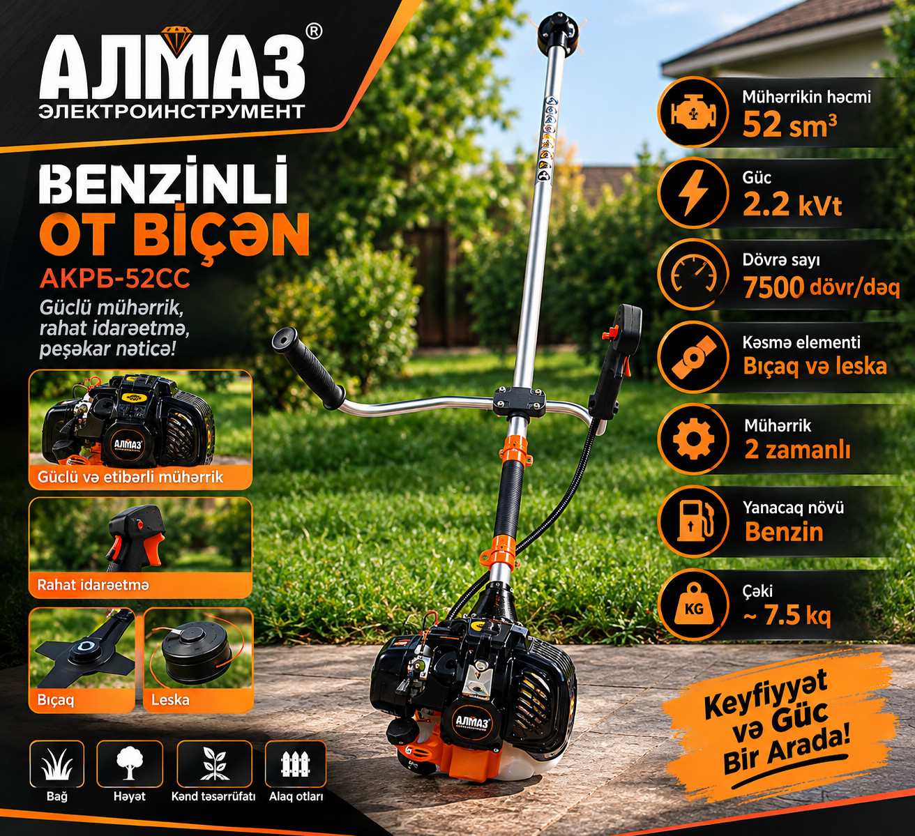 Benzinli otbiçən trimmer 2200 W ot, kol və alaq otları üçün