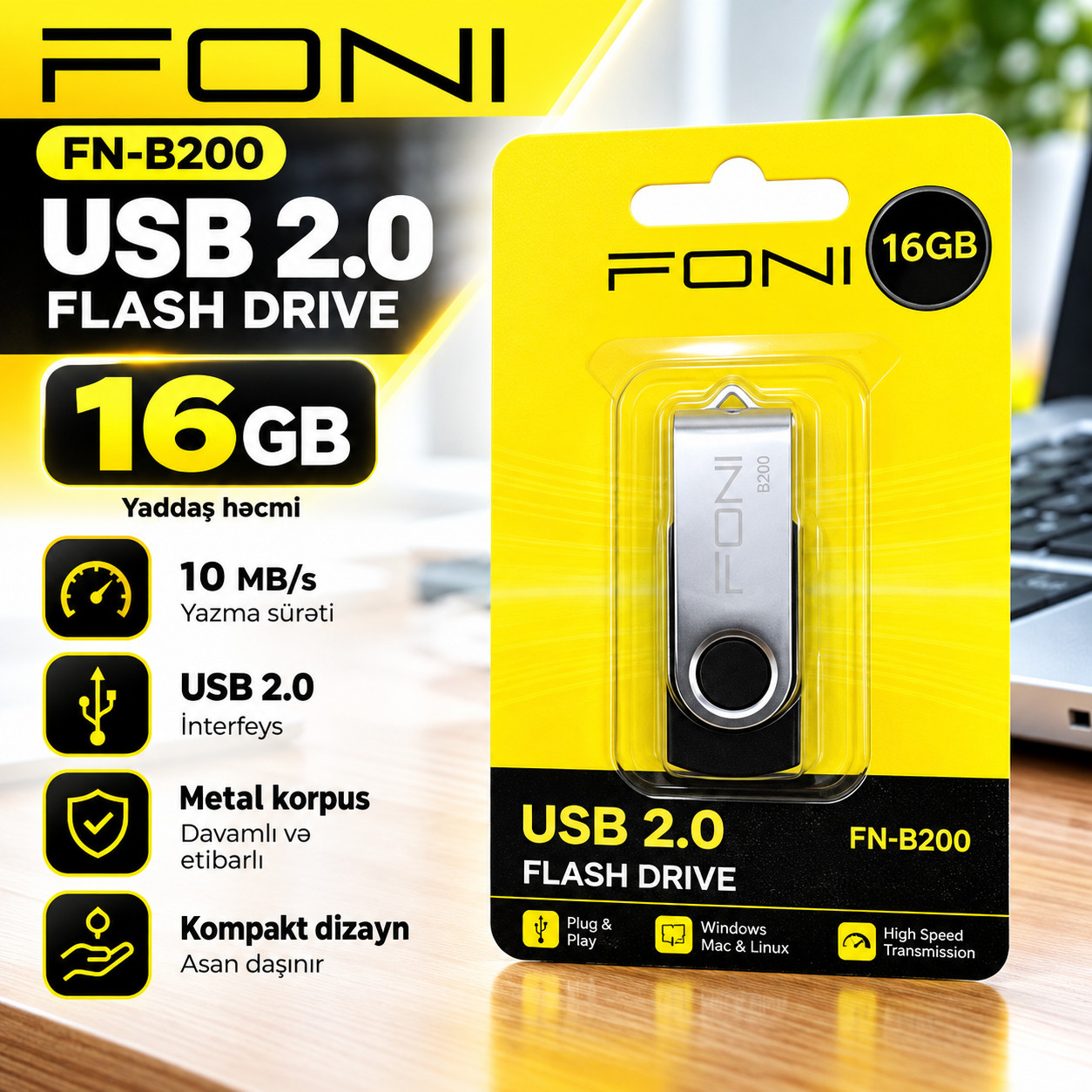 USB fləş kart Foni FN-B200, 16 GB, USB 2.0, gümüşü, 10 Mb/s