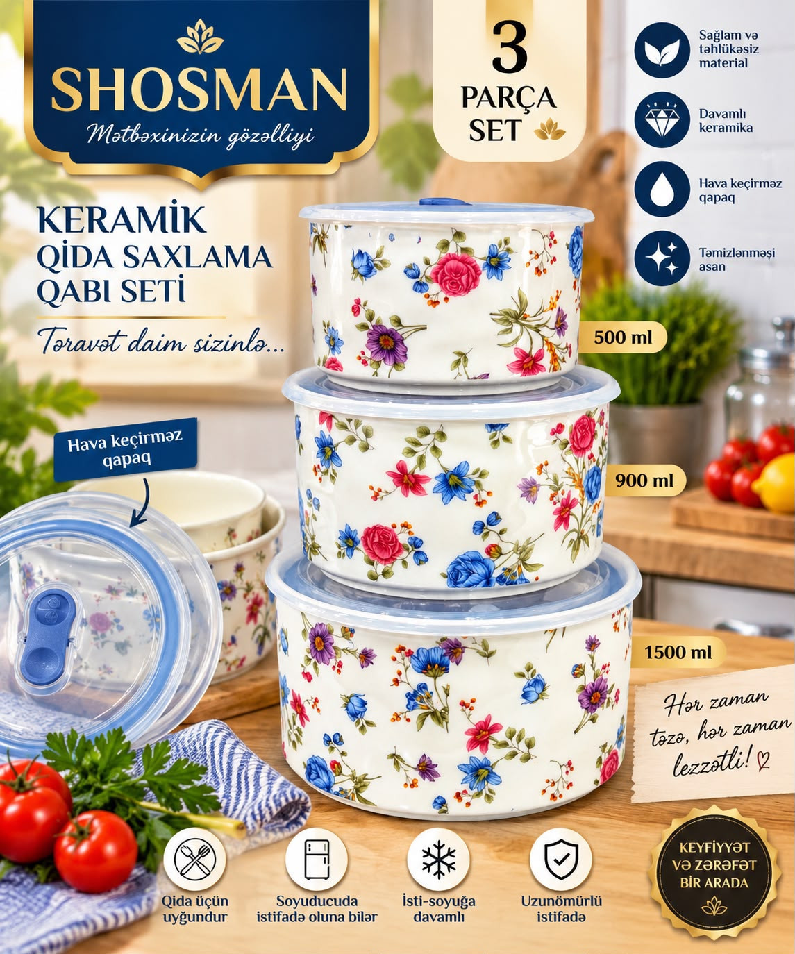 Saxlama üçün konteyner dəsti Shosman NP1737, Dairəvi, 500/900/1500 ml, Keramika, 3 əd