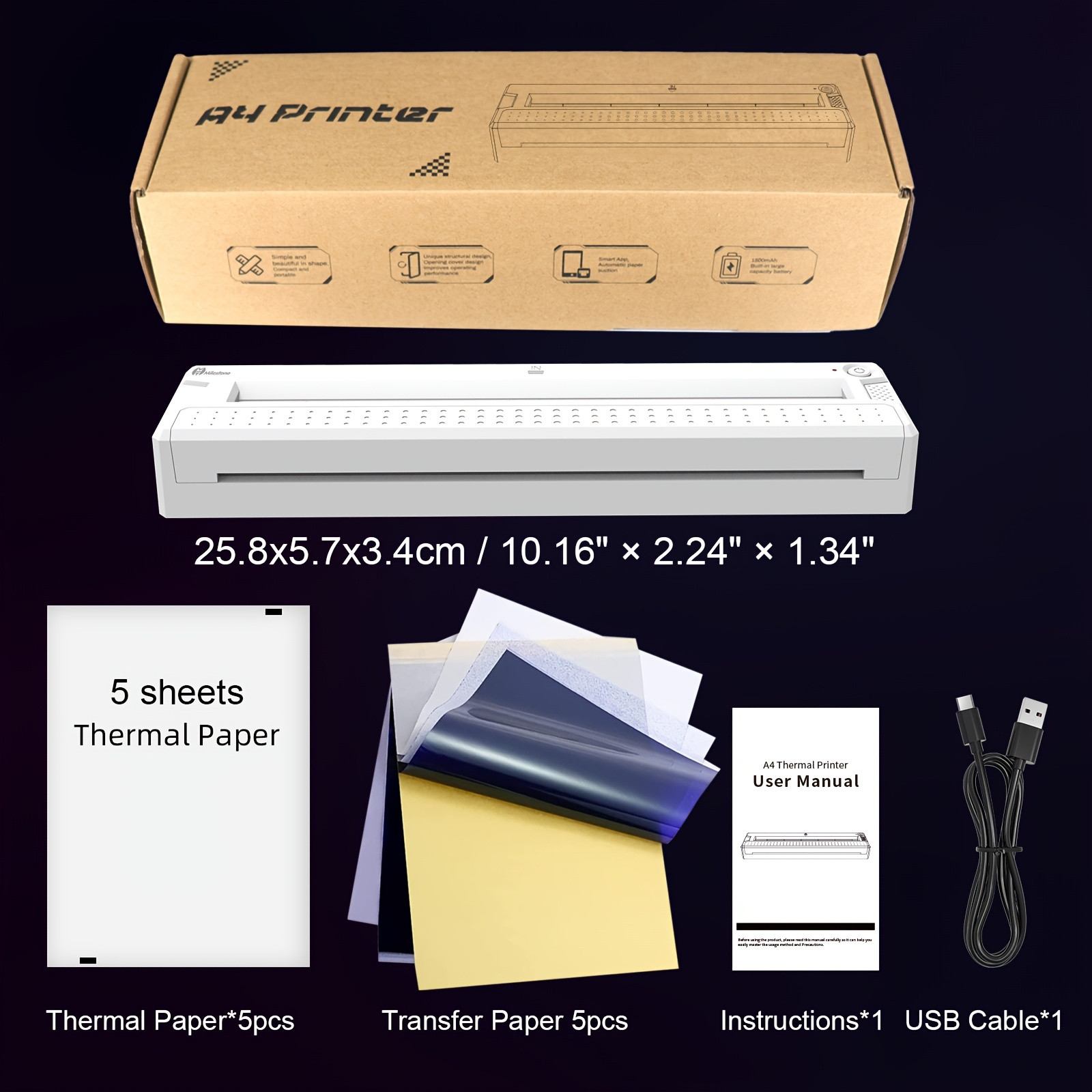 Sənədlər və tatu transferləri üçün portativ A4 termal printer Milestone M9, Bluetooth, ağ