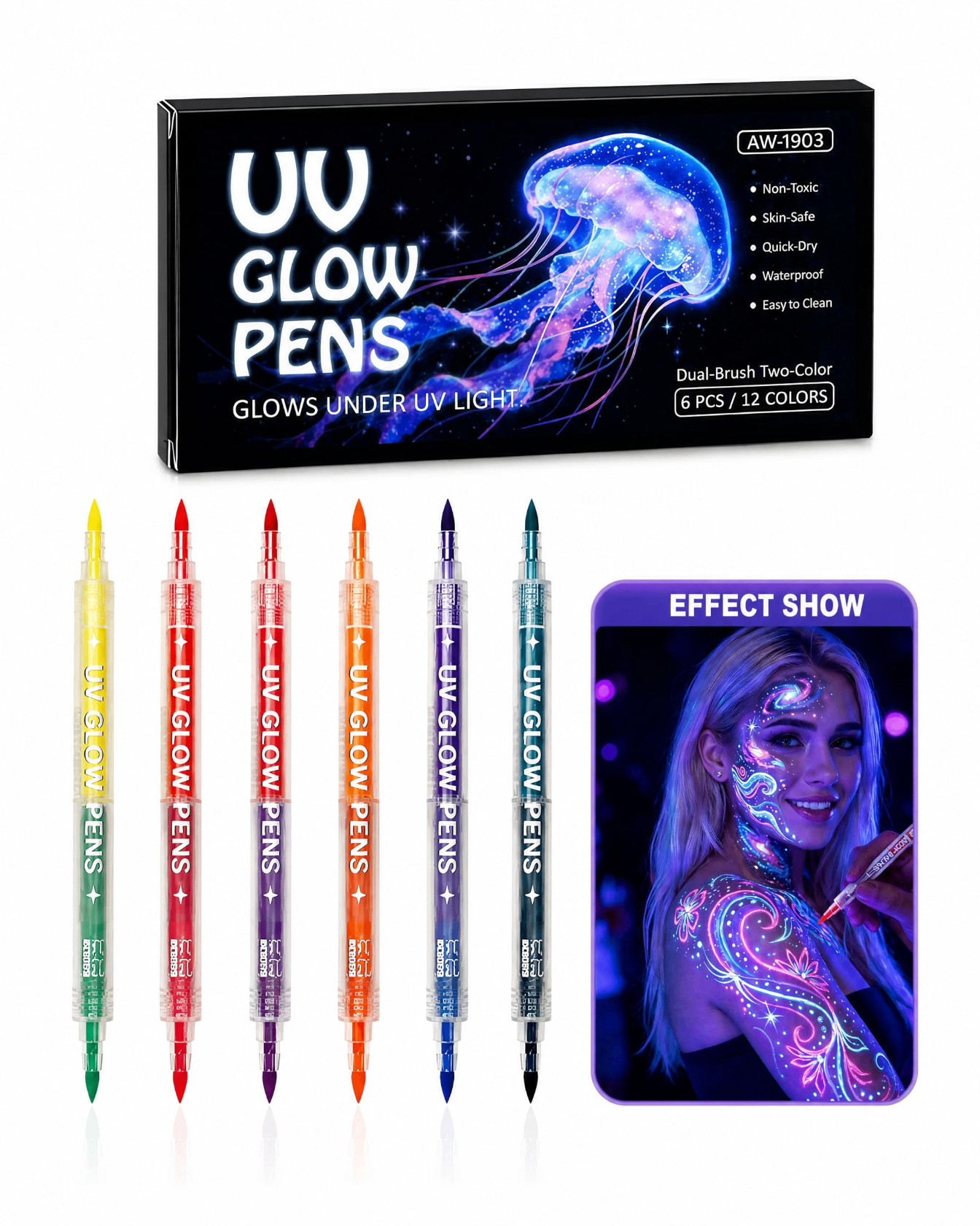 Marker dəsti UV Glow Pens AW.1608, rəngbərəng