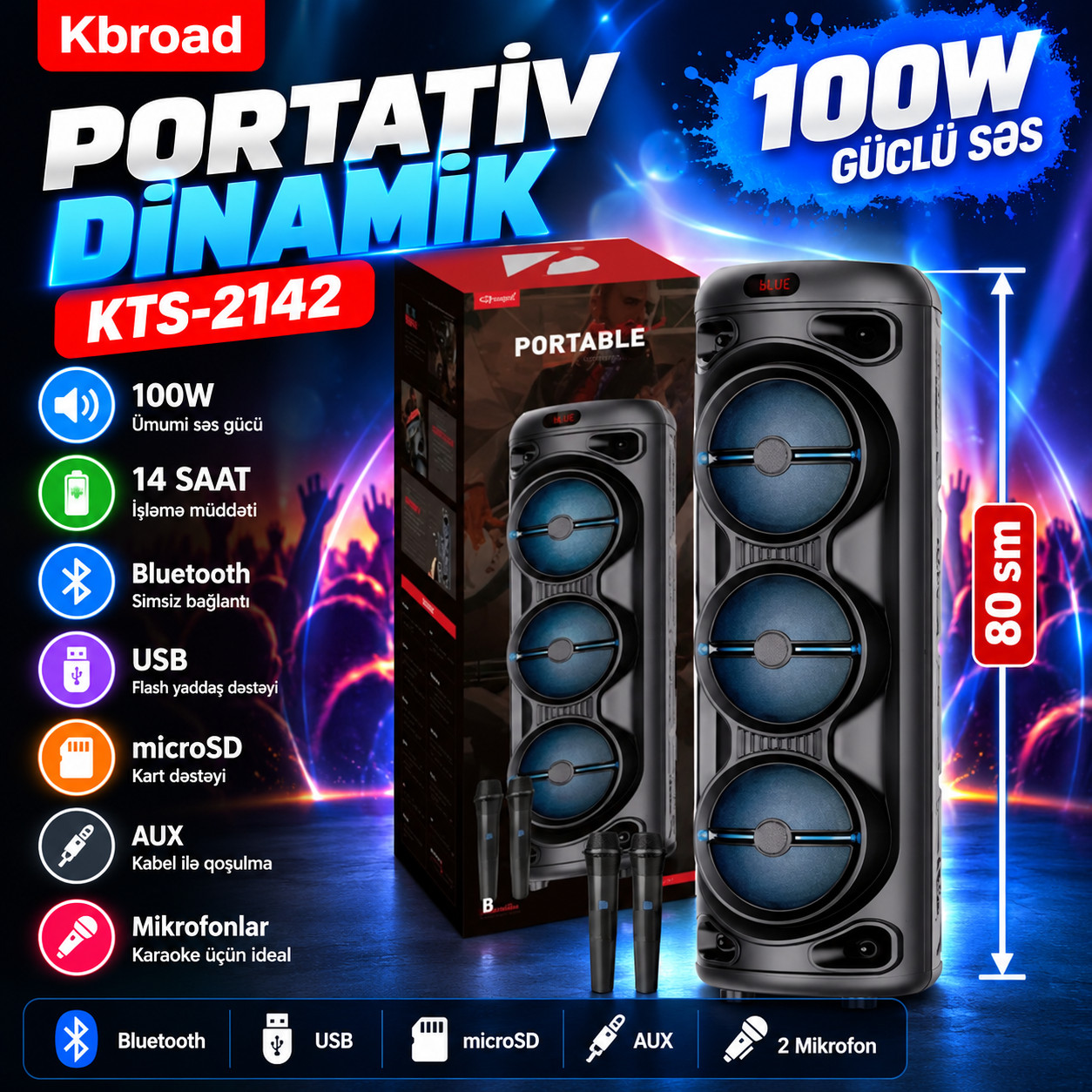 Portativ dinamik Kbroad KTS-2142, 100 Vt, 14 saat, Qara, Bluetooth