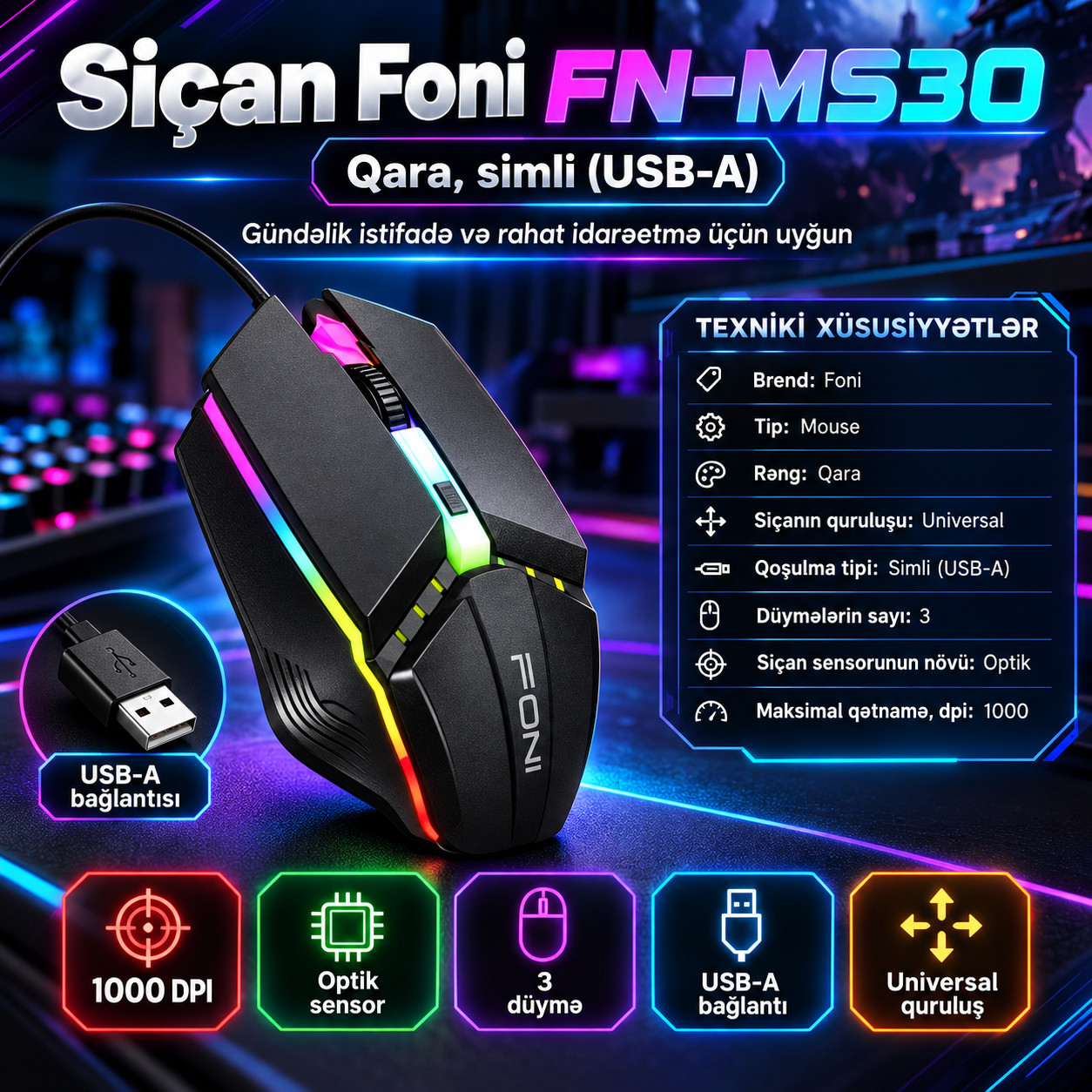 Oyun siçanı Foni Gaming Mouse GX50, USB-A, optik, 1000 dpi, 100 q
