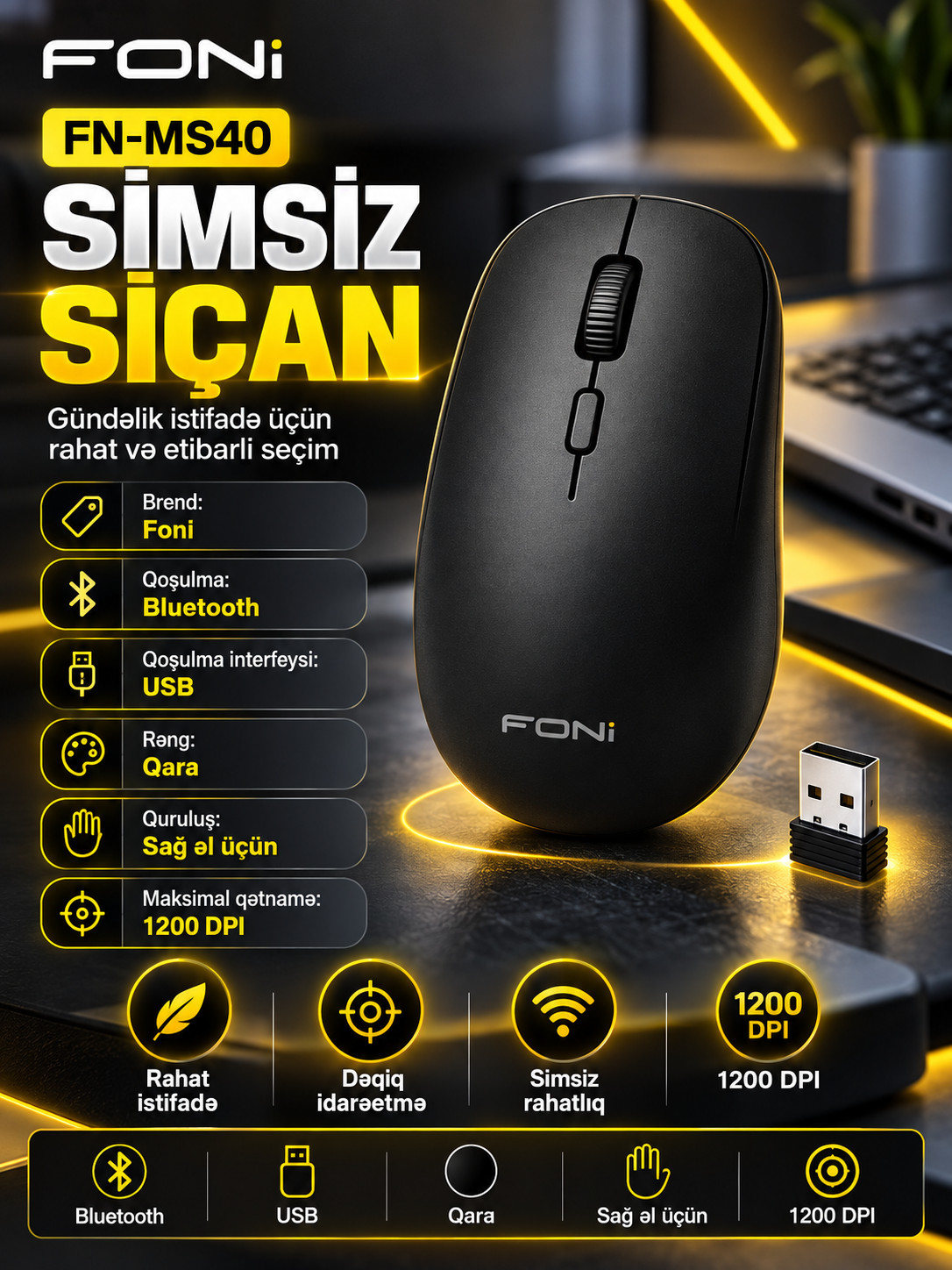 Kompüter siçanı Foni FN-MS40 Bluetooth sağ əl üçün qara.