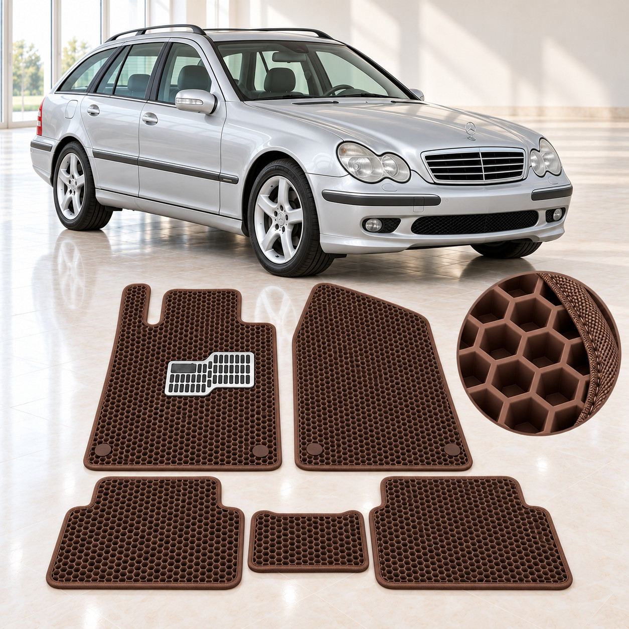 Avtomobil salonu üçün ayaqaltı dəsti Mercedes-Benz C-Class W203 2001-2004 üçün, 5 əd, qəhvəyi