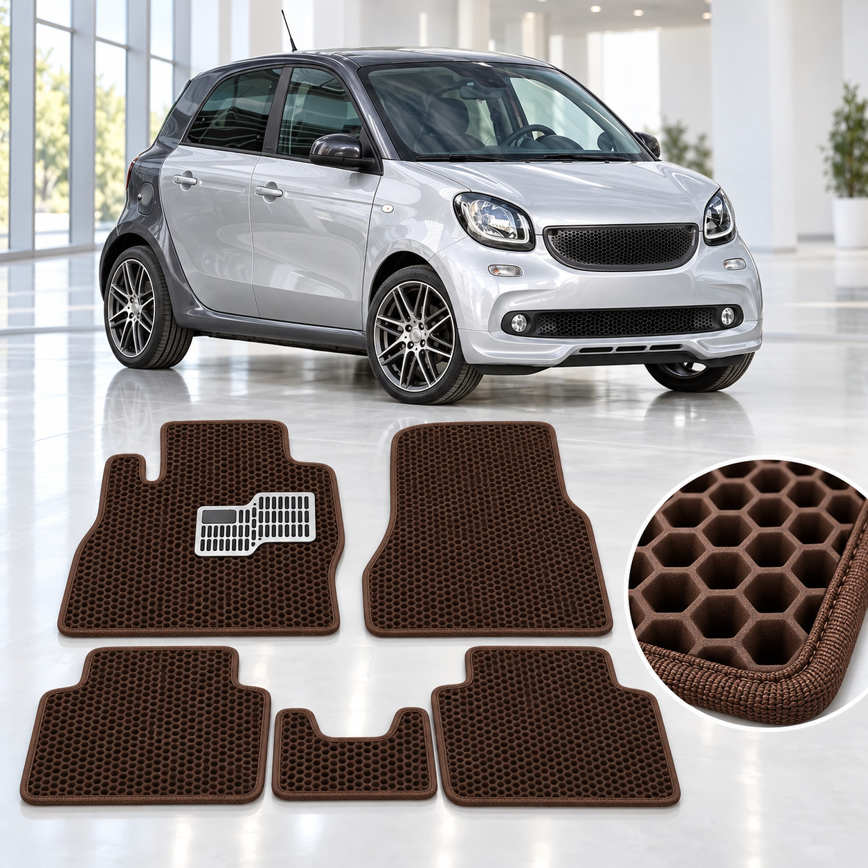 Avtomobil salonu üçün ayaqaltı dəsti Mercedes-Benz Smart Forfour 2014-2019 üçün, 5 əd, qəhvəyi