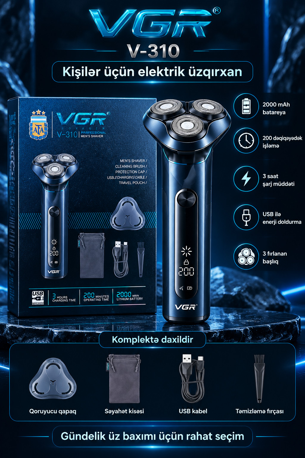 Elektrik ülgüc VGR, V-310, Batareyalar/Şəbəkə 220V, Torlu, 3 ülgüc başlığı, Yaşıl/Göy