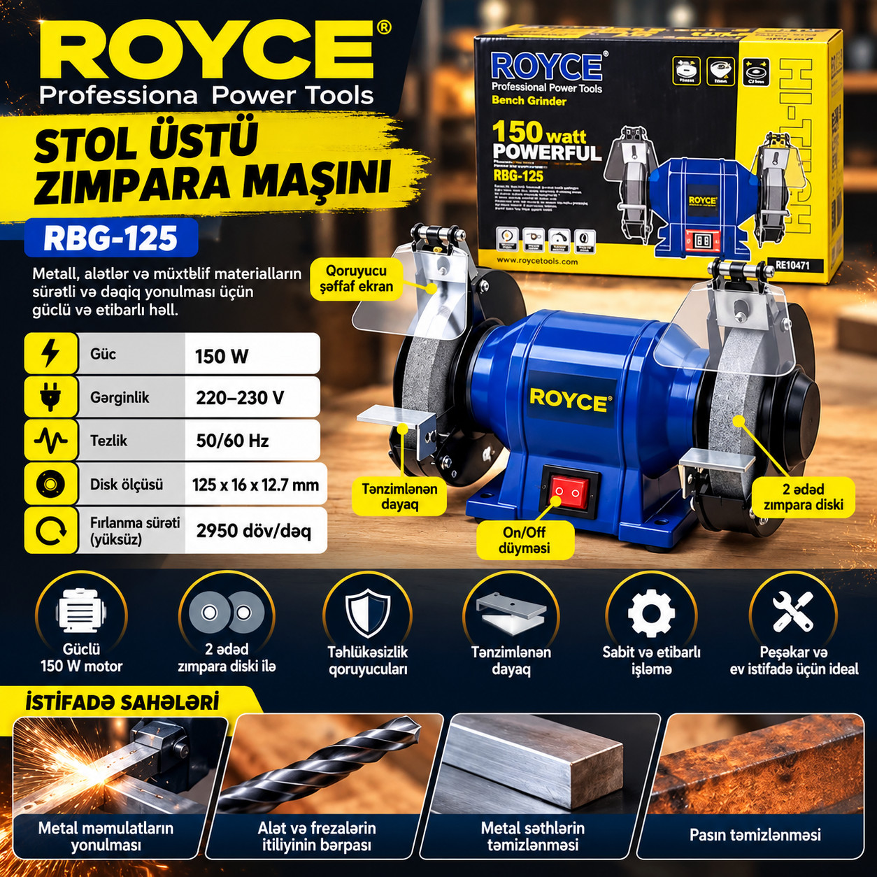 İtiləmə və cilalama dəzgahı Royce RBG-125 Professional 150 W.