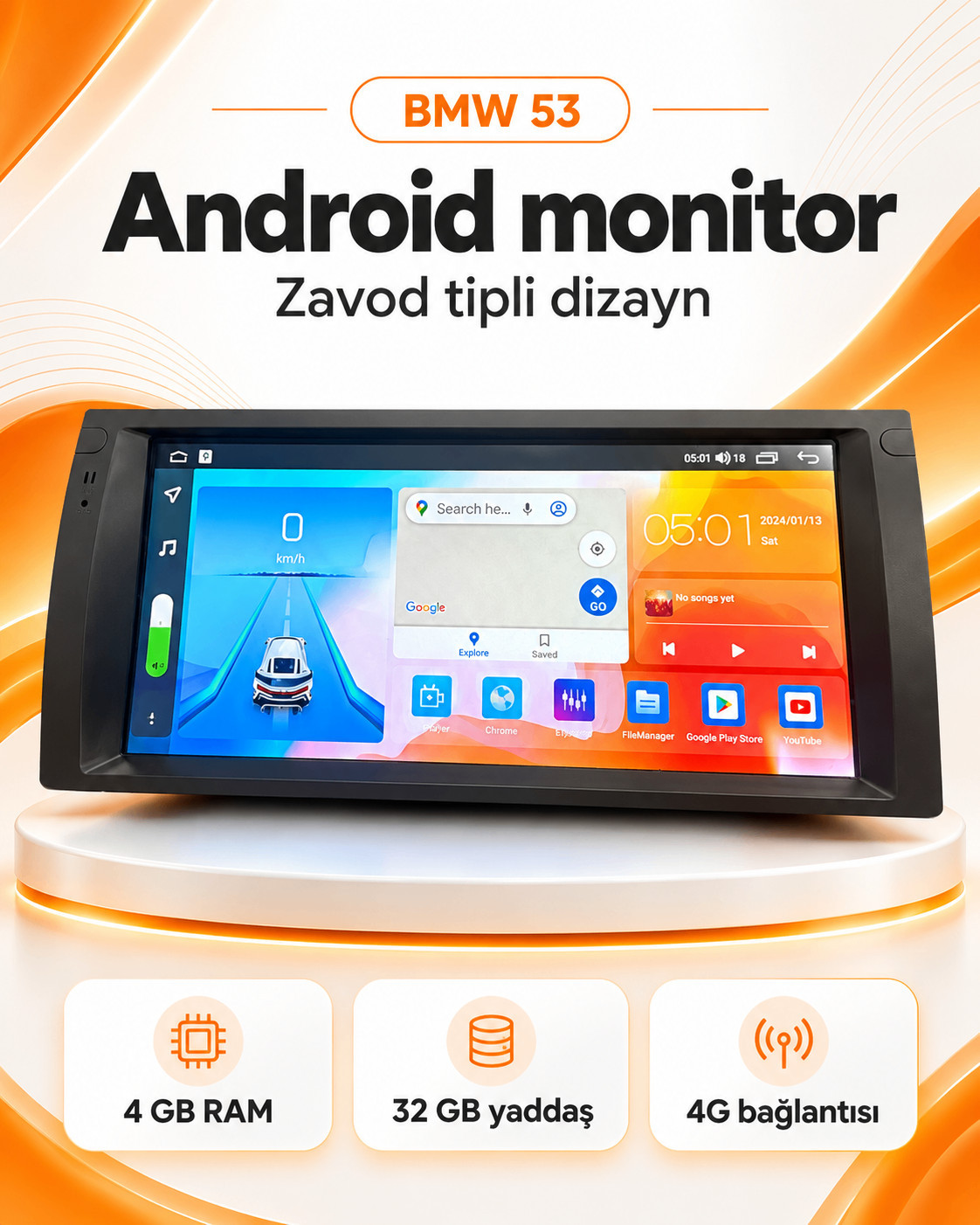 Avtomobil monitoru No Brand, BMW X5 E53 üçün, zavod üslublu, Android, 4 GB RAM, 32 GB yaddaş, 4G, qara