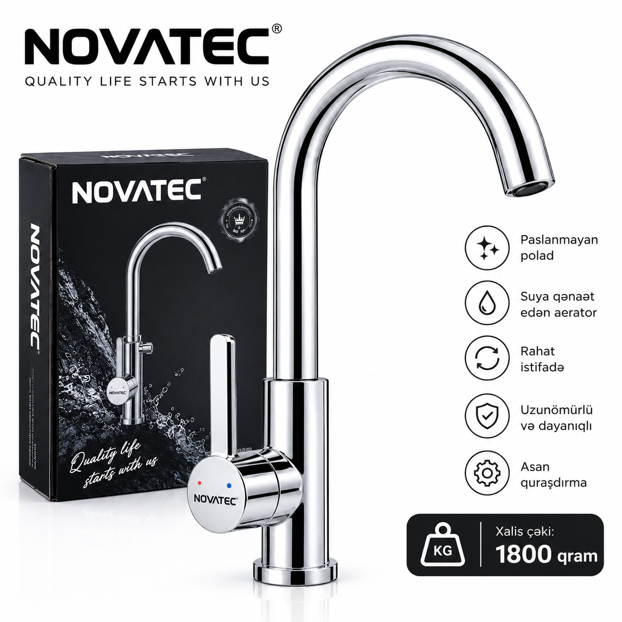 Mətbəx çanağı üçün qarışdırıcı kran Novatec dönən paslanmayan polad gümüşü.