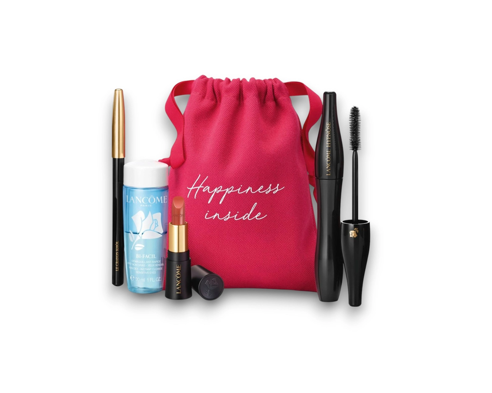 Kosmetik hədiyyə dəsti Lancome Travel set (Kirpiklər üçün tuş + dodaq boyası + göz makiyajı təmizləyicisi + göz qələmi)