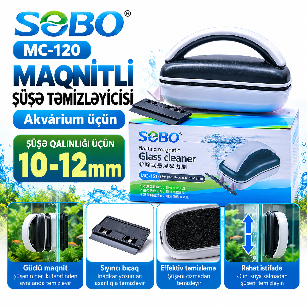 Akvarium şüşəsini təmizləmək üçün maqnitli kürəkcik Sobo MC-120