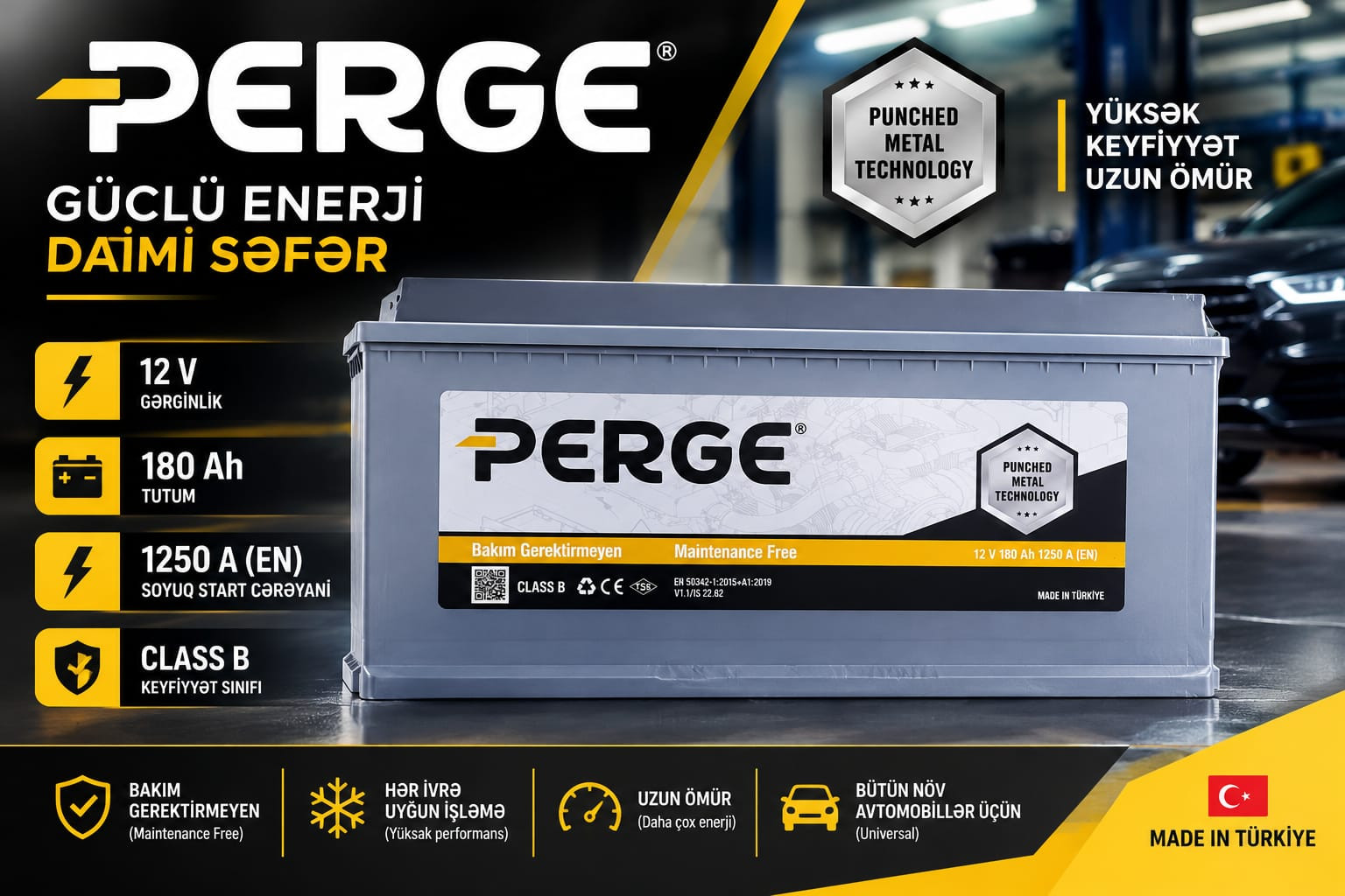 Avtomobil akkumulyatoru Perge 180 Ah 1250 A 12 V yük avtomobilləri və xüsusi texnika üçün.