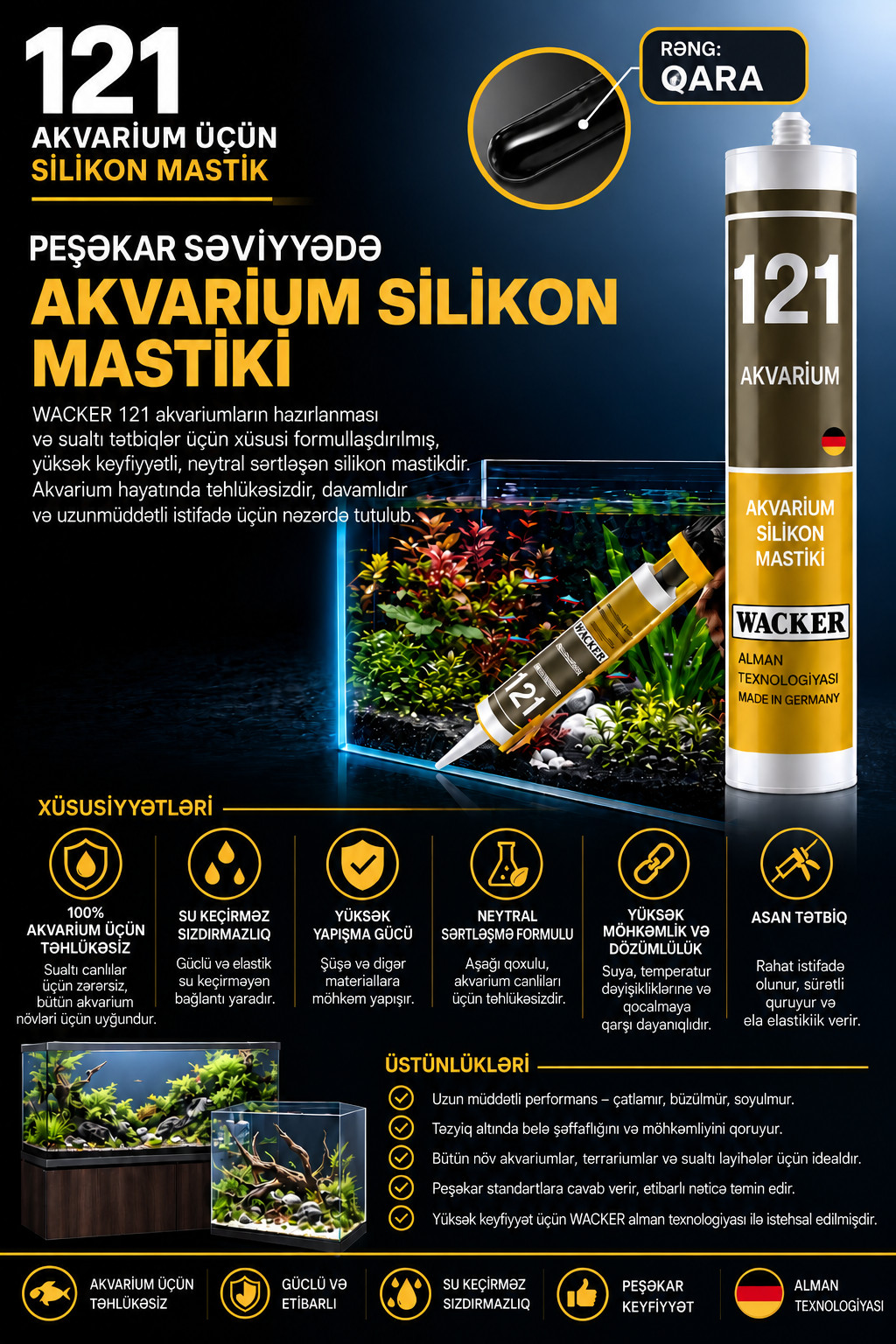 Silikon germetik Wacker 121, 300 ml, akvariumlar üçün, istiliyə davamlı, nəmə davamlı, qara