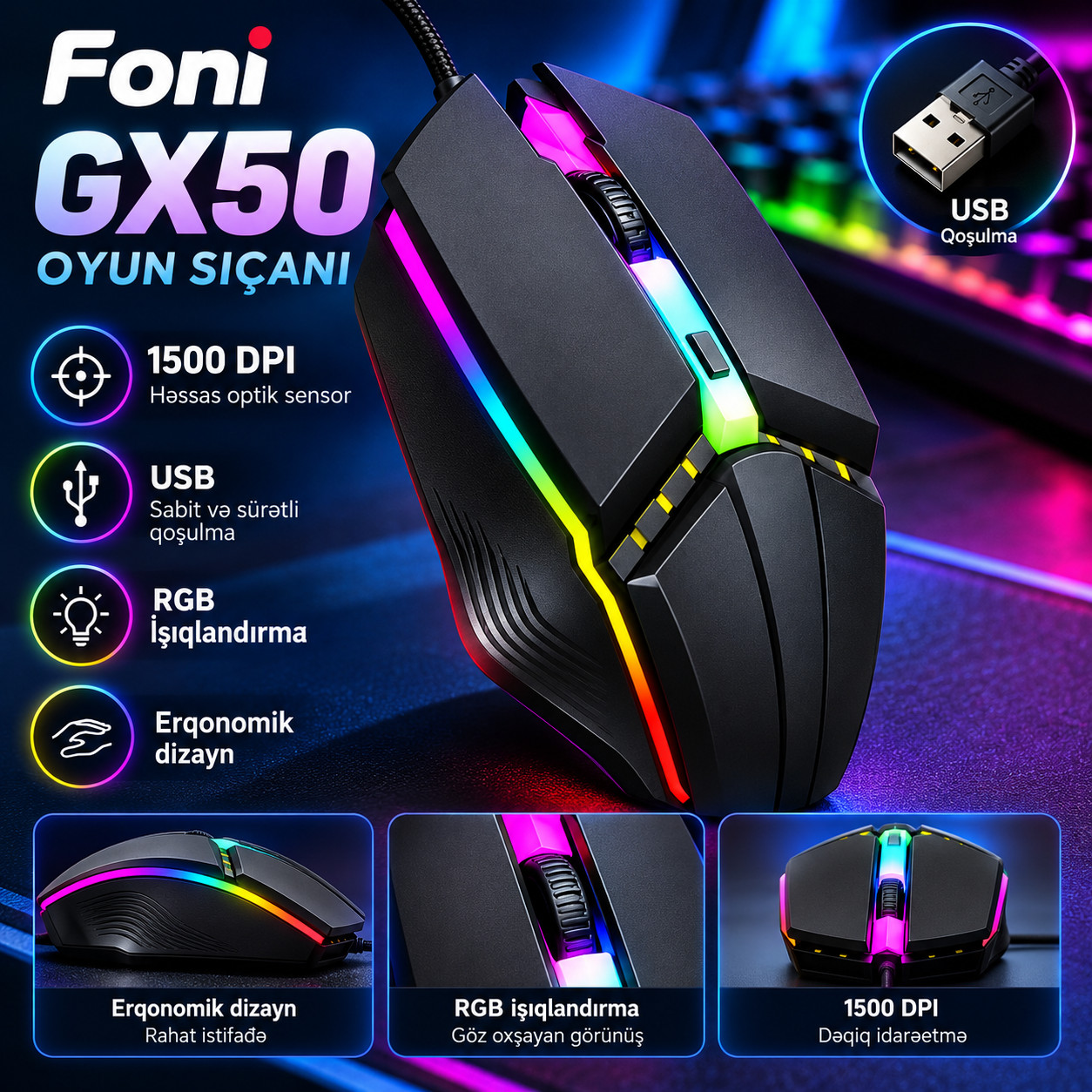 Oyun siçanı Foni GX50 USB optik 1500 dpi 120 q.