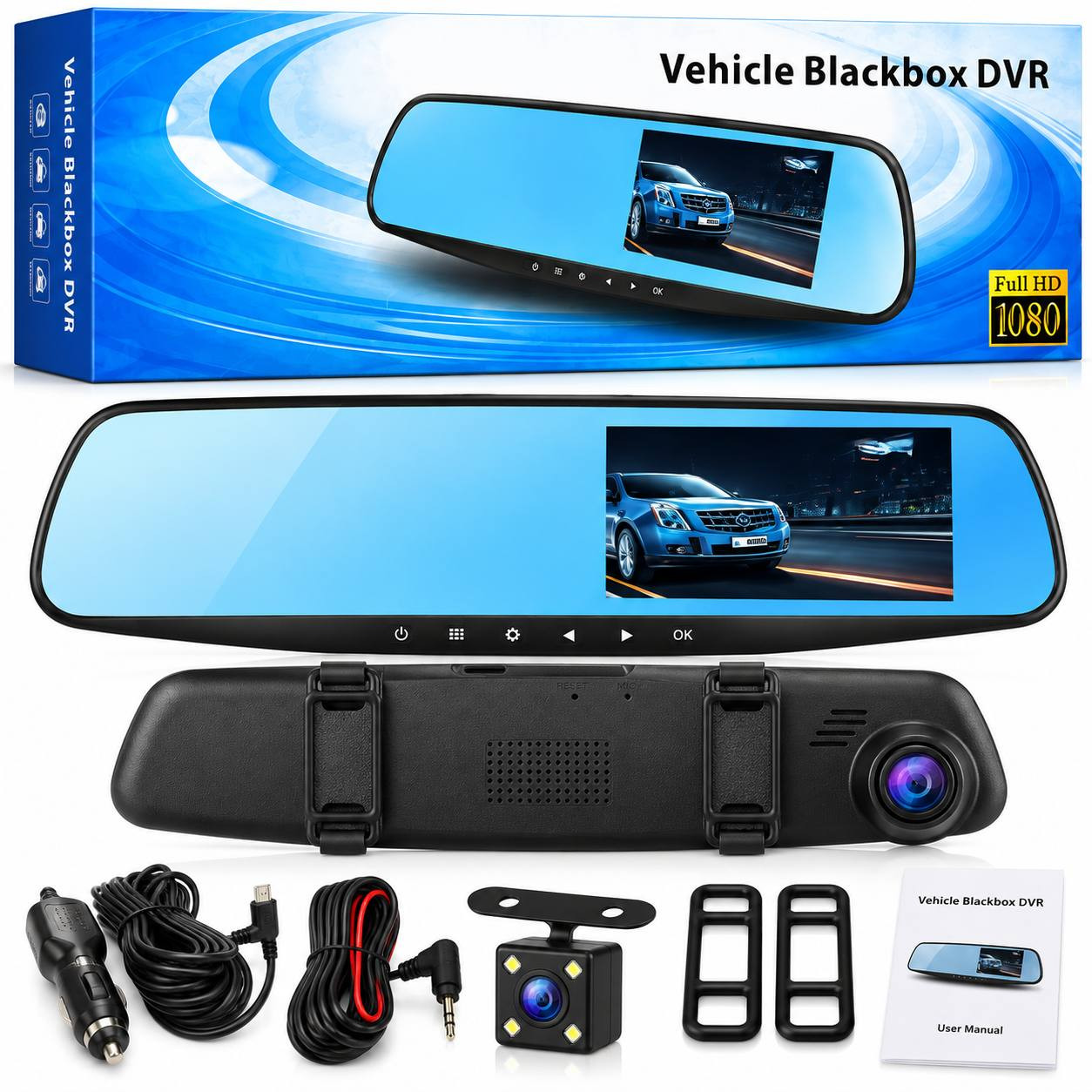 Güzgü-videoqeydiyyatçı 2 kanallı ön və arxa 1080p Full HD 140°.