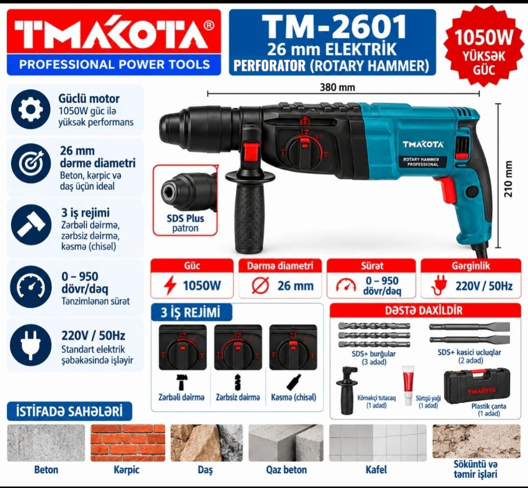 Perforator Tmakota TM-2601, peşəkar, şəbəkə, 1050 Vt