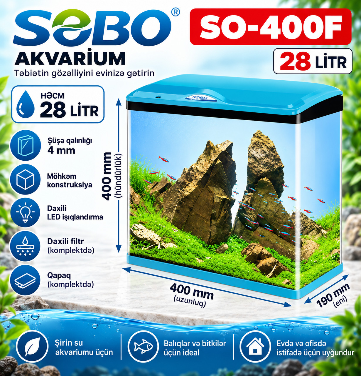 Akvarium Sobo SO-400F, 28 l, 40x40x19 sm