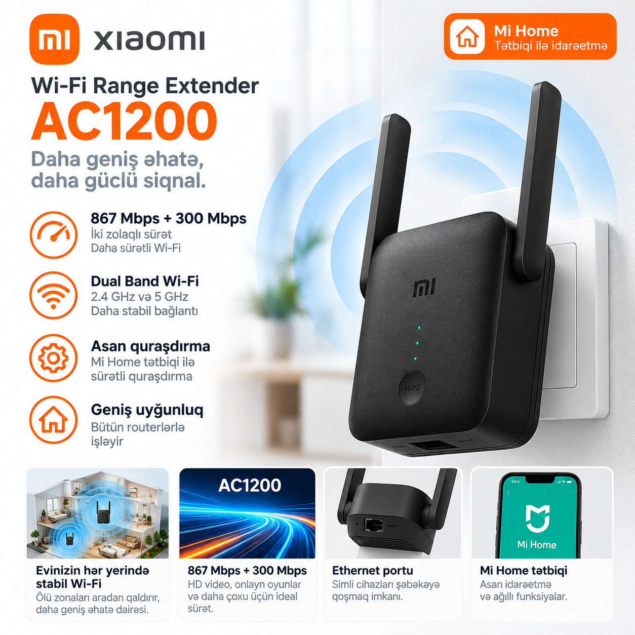 Siqnal gücləndirici Xiaomi Mi Wi-Fi Range Extender AC1200 RA75, Qara, SFP+