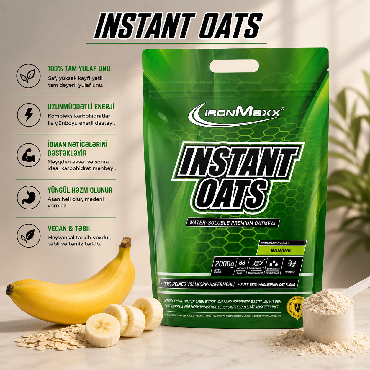 Tez hazırlanan yulaf yarması IronMaxx Instant Oats Banana, 2 kq