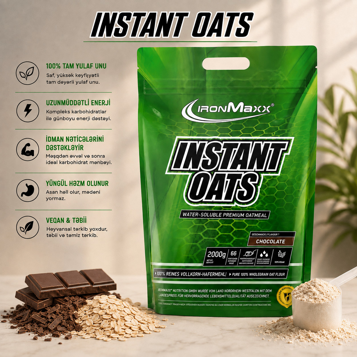 Tez hazırlanan yulaf yarması IronMaxx Instant Oats Chocolate, 2 kq