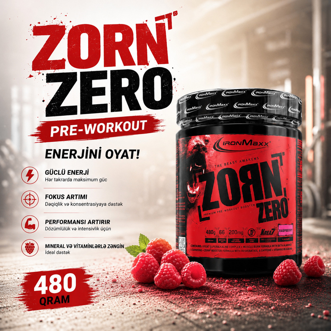 Aminturşular IronMaxx Zorn Raspberry, 480 qr