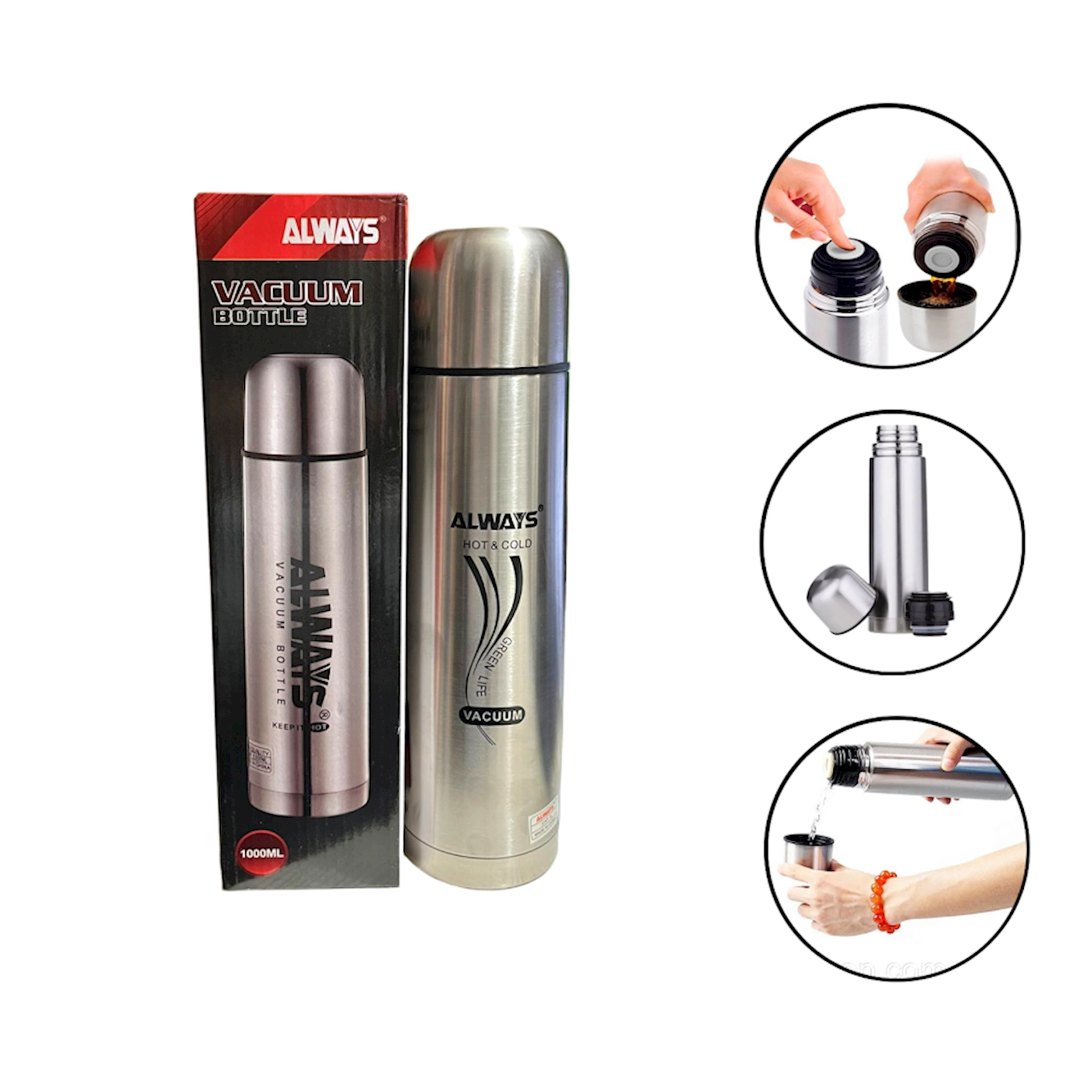 Termos Always 2290/1, paslanmayan polad, gümüşü, 750 ml