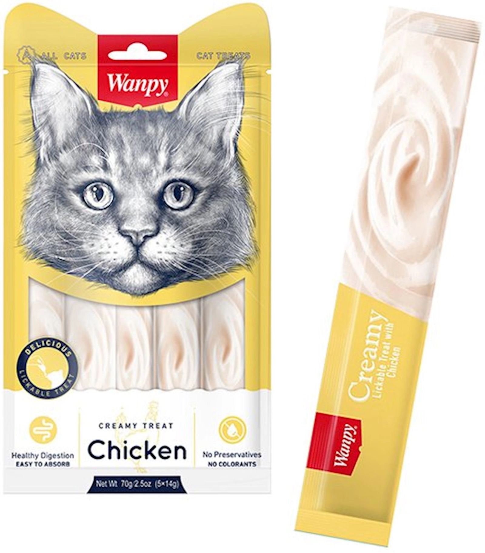 Mayə məzə pişiklər üçün Wanpy Creamy Lickable Treats Chicken, 70 q, 5 əd