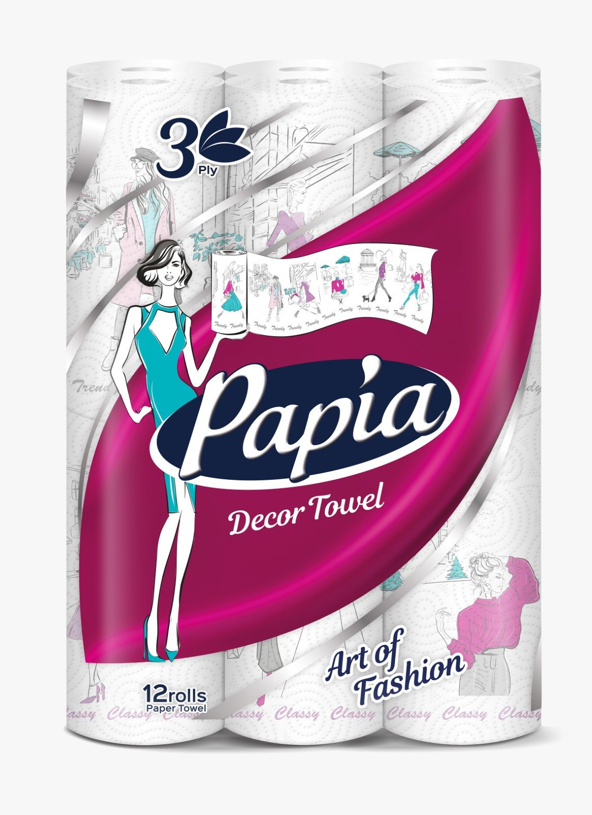 Mətbəx üçün kağız dəsmal Papia Dekor Ultra, 12 rulon, 3 qatlı, ağ