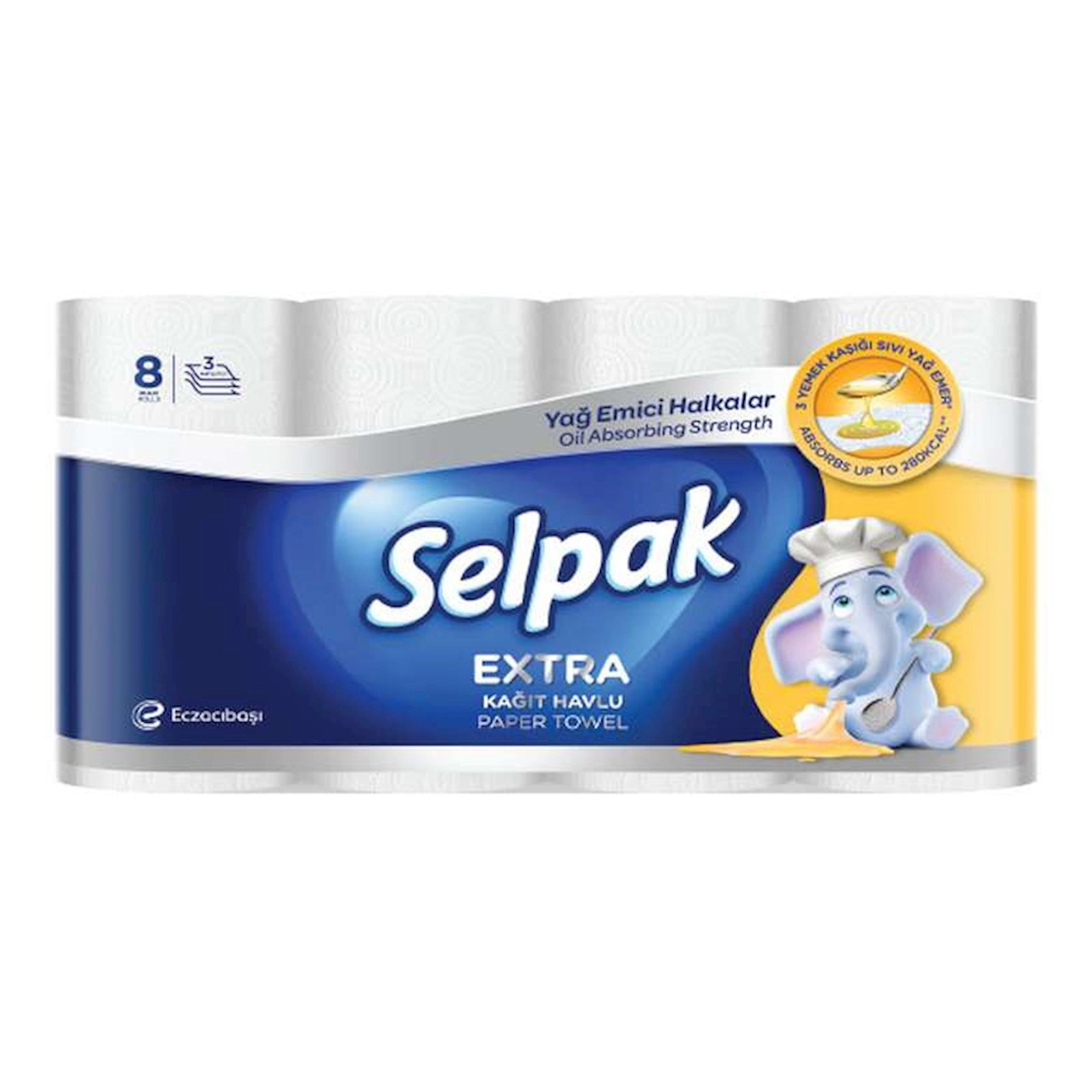 Mətbəx üçün kağız dəsmal Selpak, 8 rulon, 3 qatlı, ağ (8690530045361)