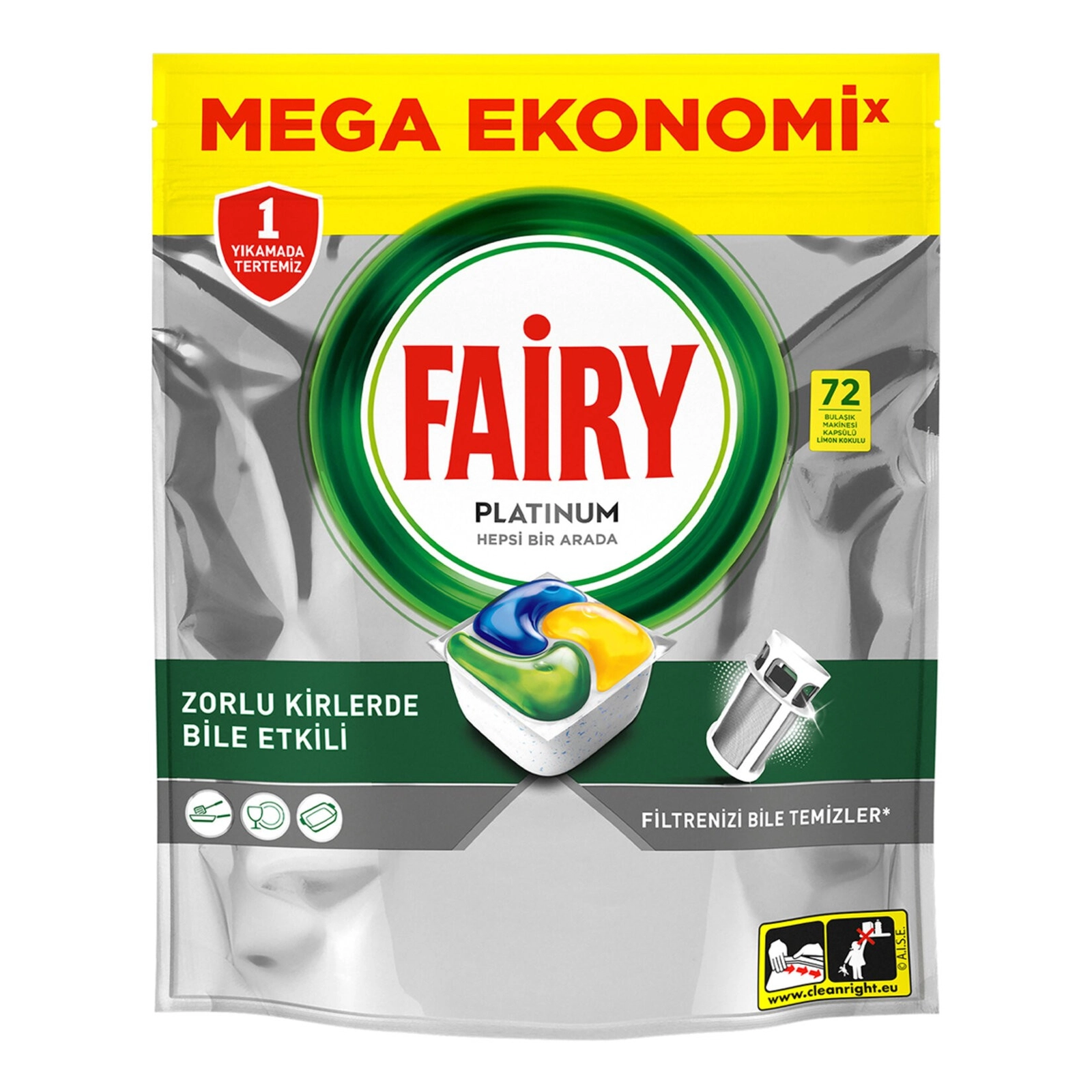 Qabyuyan maşın üçün kapsullar Fairy Platinum Lemon, 72 əd