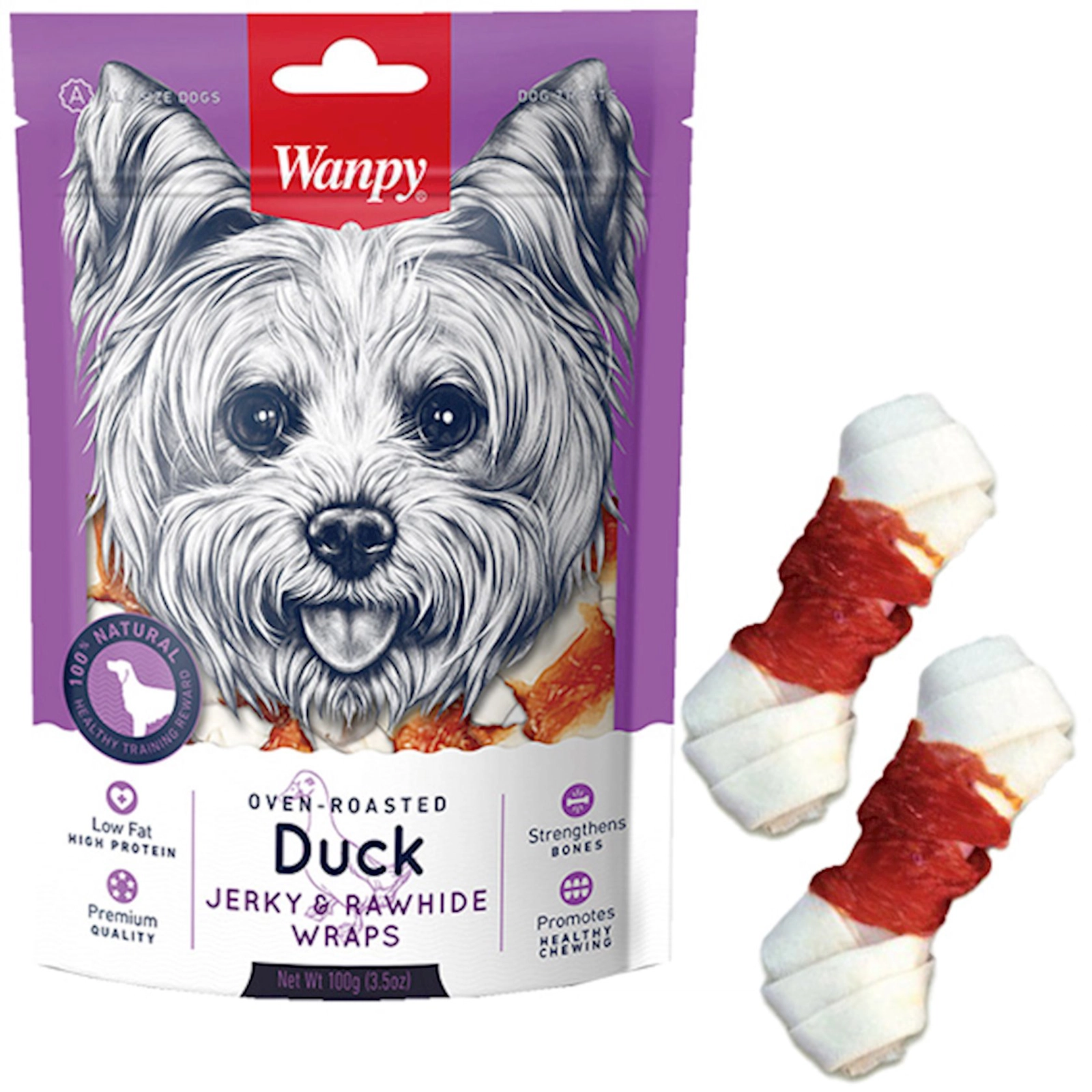 Məzələr itlər üçün Wanpy Duck Jerky Rawhide Wraps ördək əti dərisi ilə dolanmış sümük, 100 q