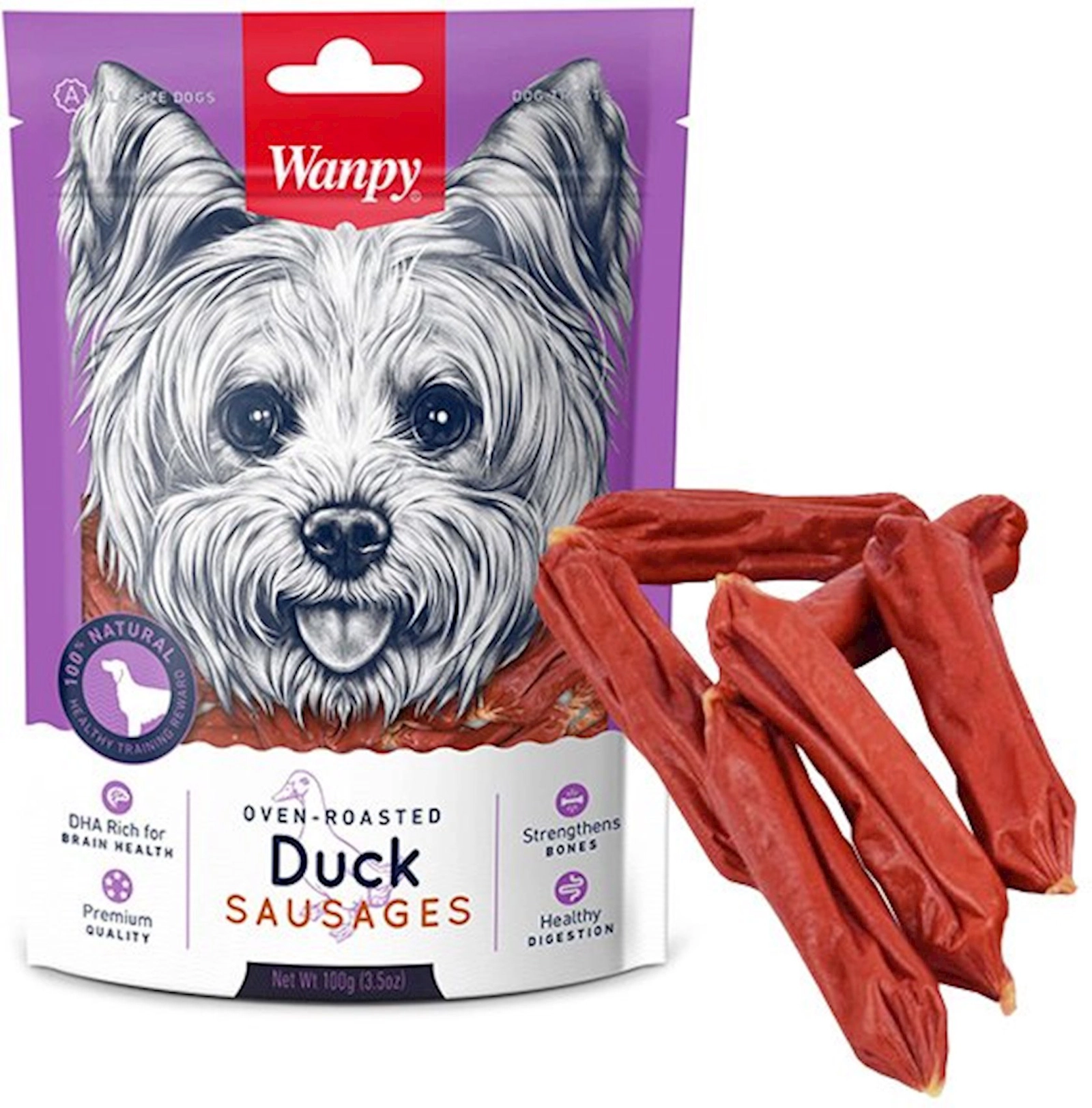 Məzələr itlər üçün Wanpy Duck Sausages ördək sosiskası, 100 q
