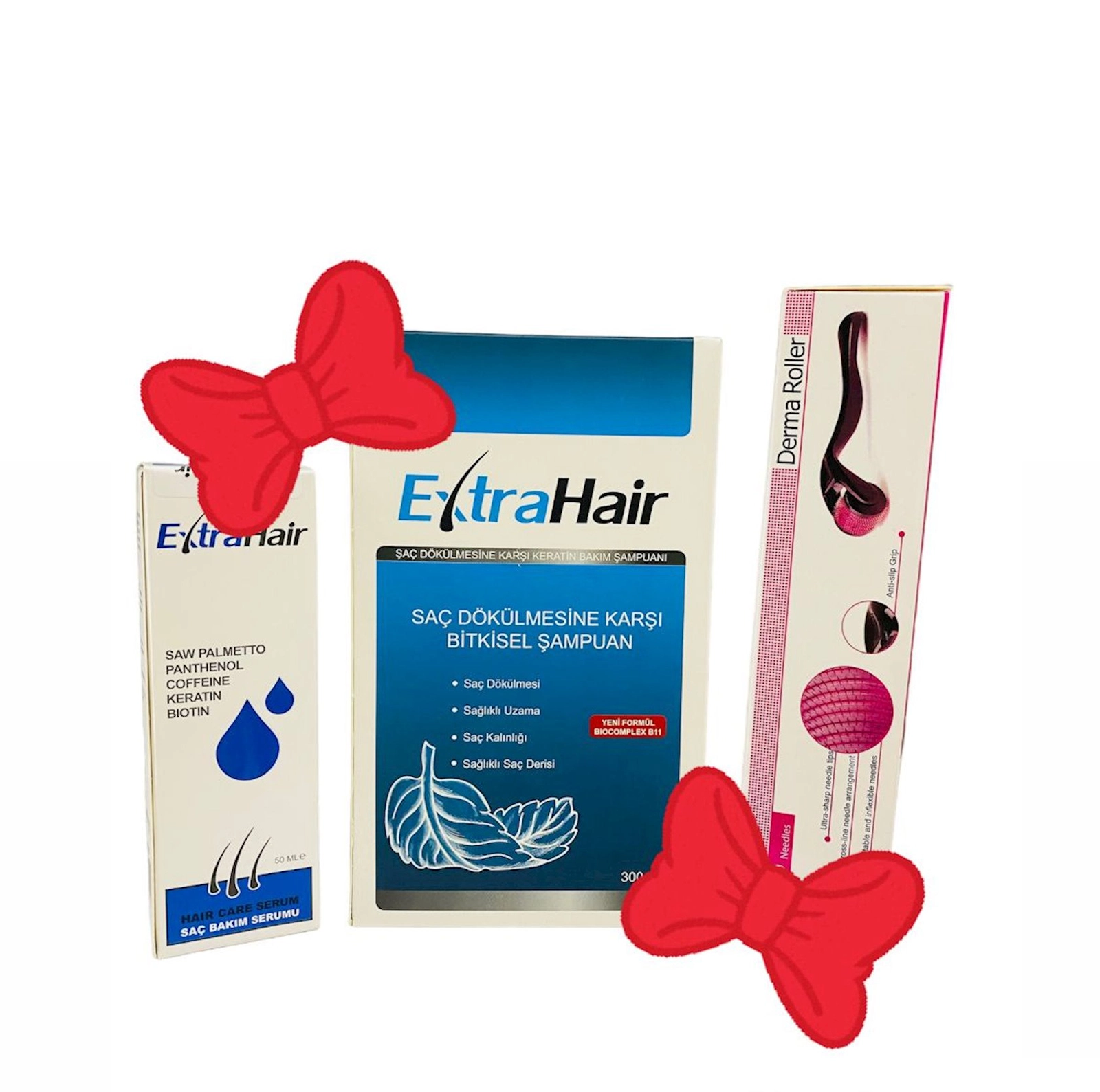 Saç üçün zərdab Extra Hair Hair Care Serum 50 ml + Şampun Extra Hair 300 ml + Mezoroller üz və bədən üçün DRS Derma Roller, 540 iynəli