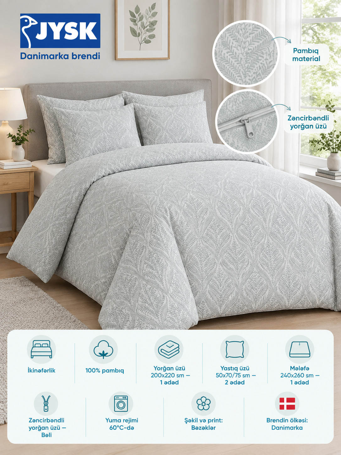 Yataq dəsti JYSK Line, yorğan üzü 200x220 sm, mələfə 240x260 sm, yastıq üzü 50x70/75 sm, ikinəfərlik, pambıq, boz