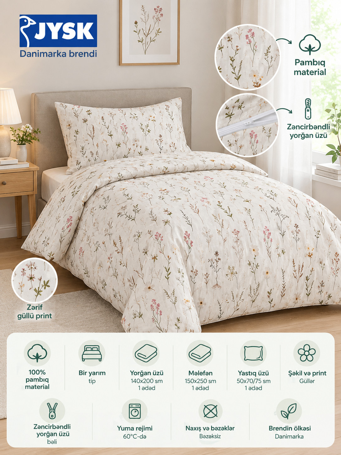 Yataq dəsti JYSK Sussi, yorğan üzü 140x200 sm, mələfə 150x250 sm, yastıq üzü 50x70/75 sm, bir yarım, pambıq, ağ