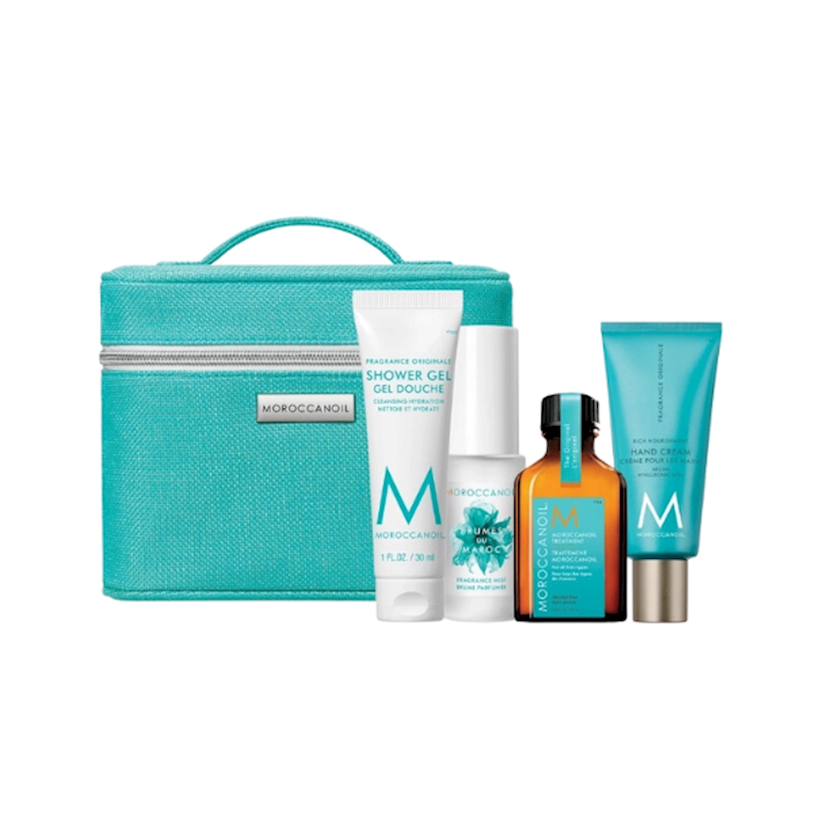 Bədən üçün qulluq dəsti Moroccanoil (sprey 30 ml + yağ 25 ml + əllər üçün krem 40 ml + duş geli 30 ml + kosmetik çanta)