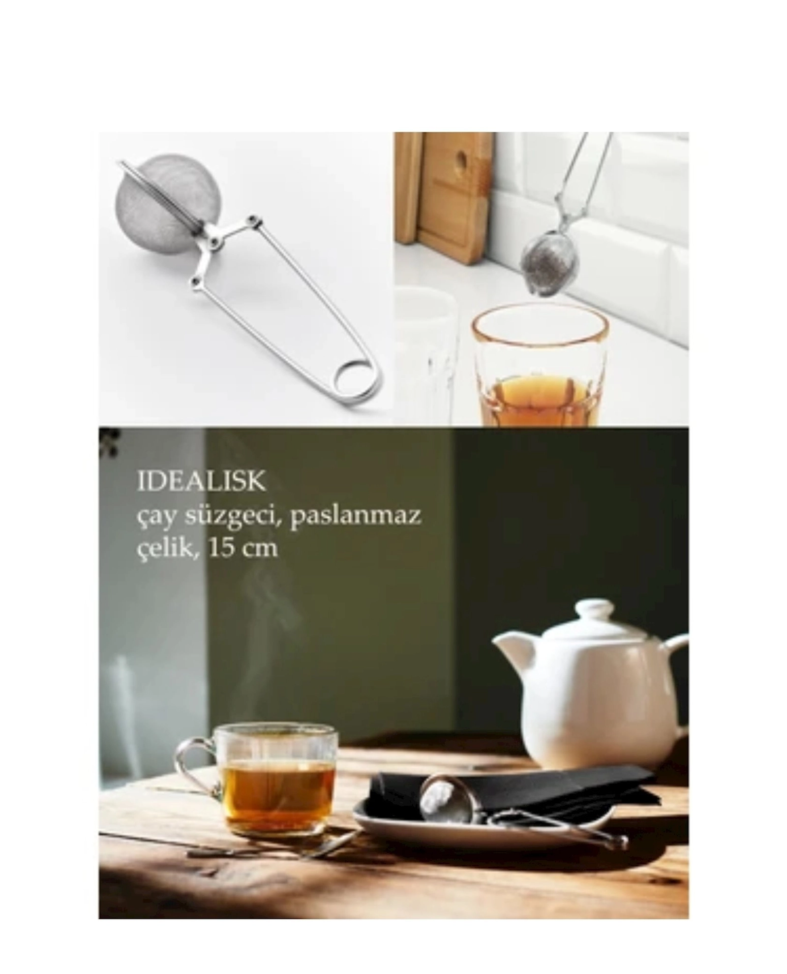 Çay dəmləmə üçün süzgəc, gümüşü, paslanmayan polad, 15 sm