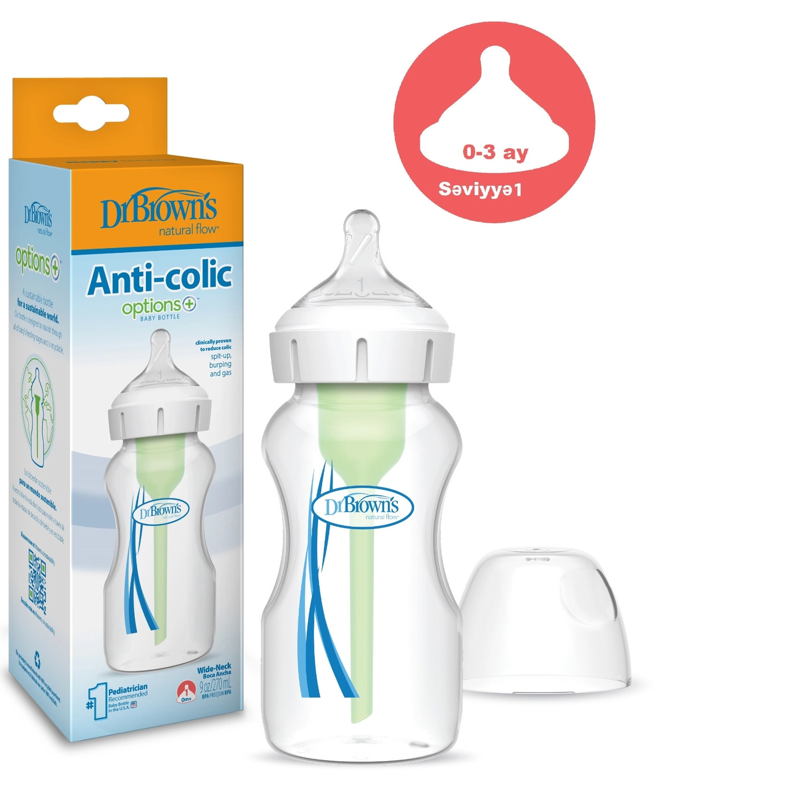 Enliboğaz Polipropilen 270 ml səviyyə 1 (0-3ay)başlıq Dr Brown's anti-colic butulka