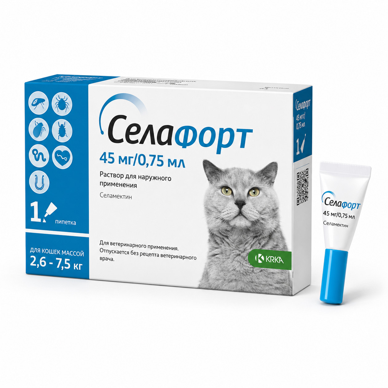 Süysün uzərinə damcılar Селафорт KRKA pişiklər üçün, 0.75 ml (1 pipet)